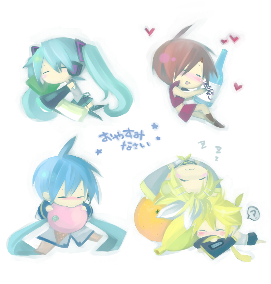 akisame kou, hatsune miku, kagamine len, kagamine rin, kaito (vocaloid), meiko (vocaloid), vocaloid, bad id, bad pixiv id, 2boys, 3girls, ?, alcohol, aqua hair, banana, beer, bottle, chibi, closed eyes, detached sleeves, food, fruit, headphones, heart, hug, ice cream, multiple boys, multiple girls, orange (fruit), siblings, sleeping, spring onion, twins