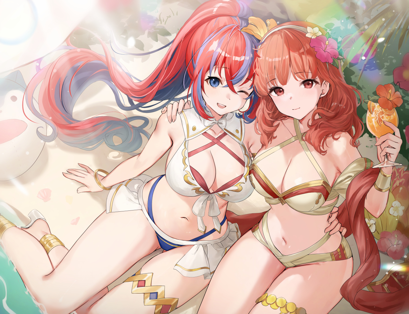 haru (nakajou-28), celica (fire emblem), celica (summer) (fire emblem), female alear (fire emblem), female alear (seaside dragon) (fire emblem), fire emblem, fire emblem echoes: shadows of valentia, fire emblem engage, fire emblem heroes, nintendo, gold armlet, 2girls, ;), armlet, beach, bikini, blue bikini, blue eyes, blue hair, breasts, brown bikini, cleavage, criss-cross halter, crossed bangs, cup, flower, from above, gluteal fold, gold thighlet, hair flower, hair ornament, halterneck, holding, holding cup, jewelry, large breasts, long hair, looking at viewer, looking up, medium breasts, multicolored hair, multiple girls, navel, ocean, official alternate costume, official alternate hairstyle, one eye closed, orange eyes, orange hair, outdoors, ponytail, red bikini, red eyes, red hair, smile, split-color hair, stomach, swimsuit, thighlet, thighs, two-tone hair, very long hair, white bikini