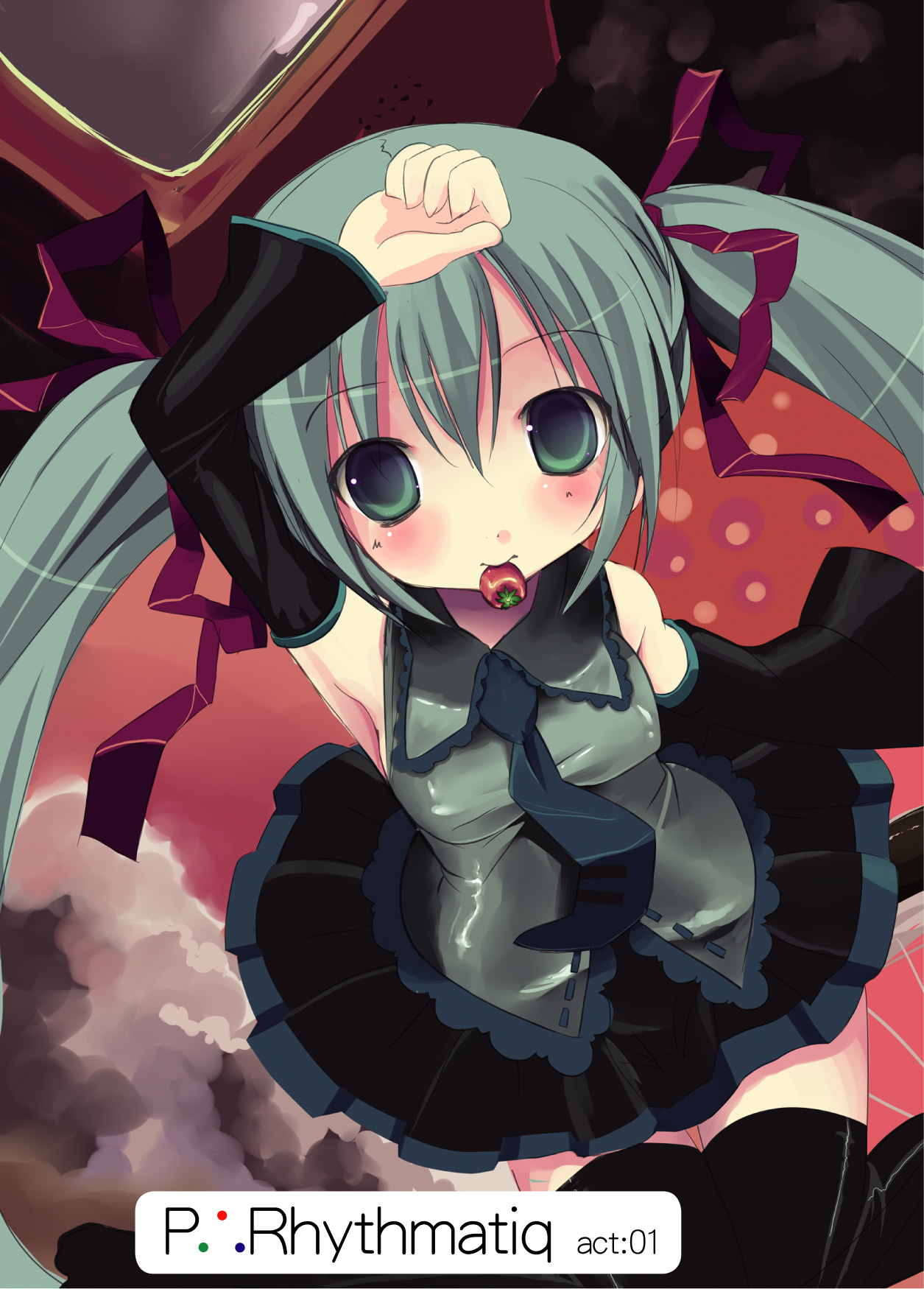 shiro (octet), hatsune miku, shiro, vocaloid, highres, blush, food, fruit, green eyes, green hair, long hair, skirt, solo, strawberry, thighhighs, twintails, very long hair