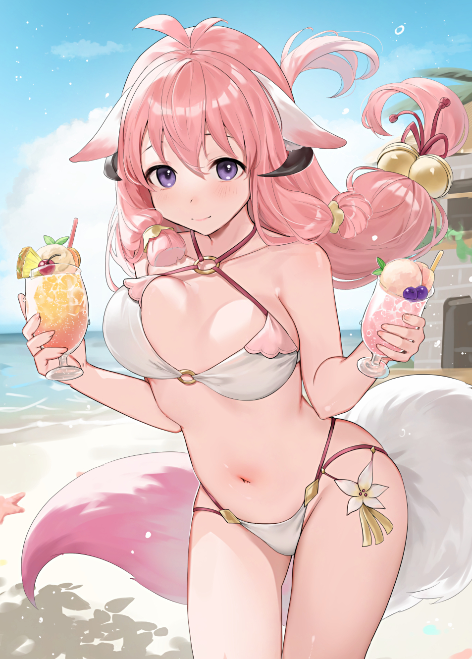 haru (nakajou-28), character request, copyright request, highres, 1girl, animal ears, antenna hair, bikini, blue sky, breasts, closed mouth, cloud, day, floppy ears, flower bikini, fox ears, fox tail, hair between eyes, halterneck, large breasts, long hair, navel, outdoors, pink hair, sky, smile, solo, standing, starfish, stomach, swimsuit, tail, white bikini