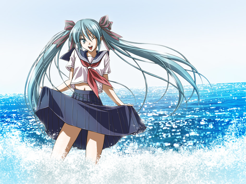 mid knight, hatsune miku, vocaloid, aqua eyes, aqua hair, bow, clothes lift, hair bow, hair ribbon, long hair, navel, one eye closed, ribbon, school uniform, skirt, skirt hold, skirt lift, solo, twintails, water, wink