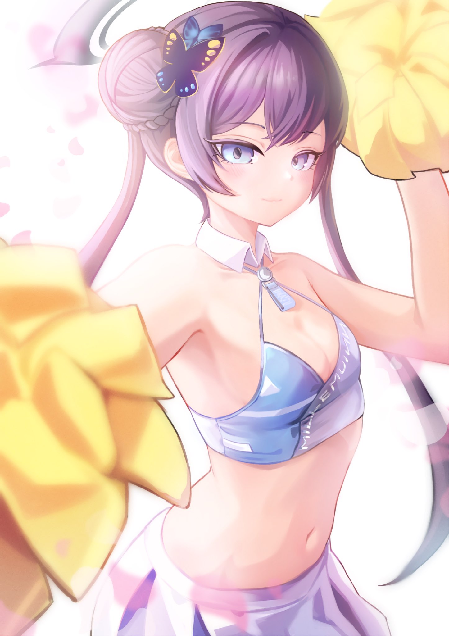 rutax xark, kisaki (blue archive), blue archive, 1girl, alternate costume, arms up, black hair, blue eyes, blue shirt, braid, breasts, butterfly hair ornament, cheerleader, cleavage, cosplay, crop top, crown braid, detached collar, double bun, hair bun, hair ornament, halo, long hair, midriff, millennium cheerleader outfit (blue archive), navel, pom pom (cheerleading), shirt, skirt, small breasts, smile, solo, standing, twintails, white background, white skirt, yellow pom poms