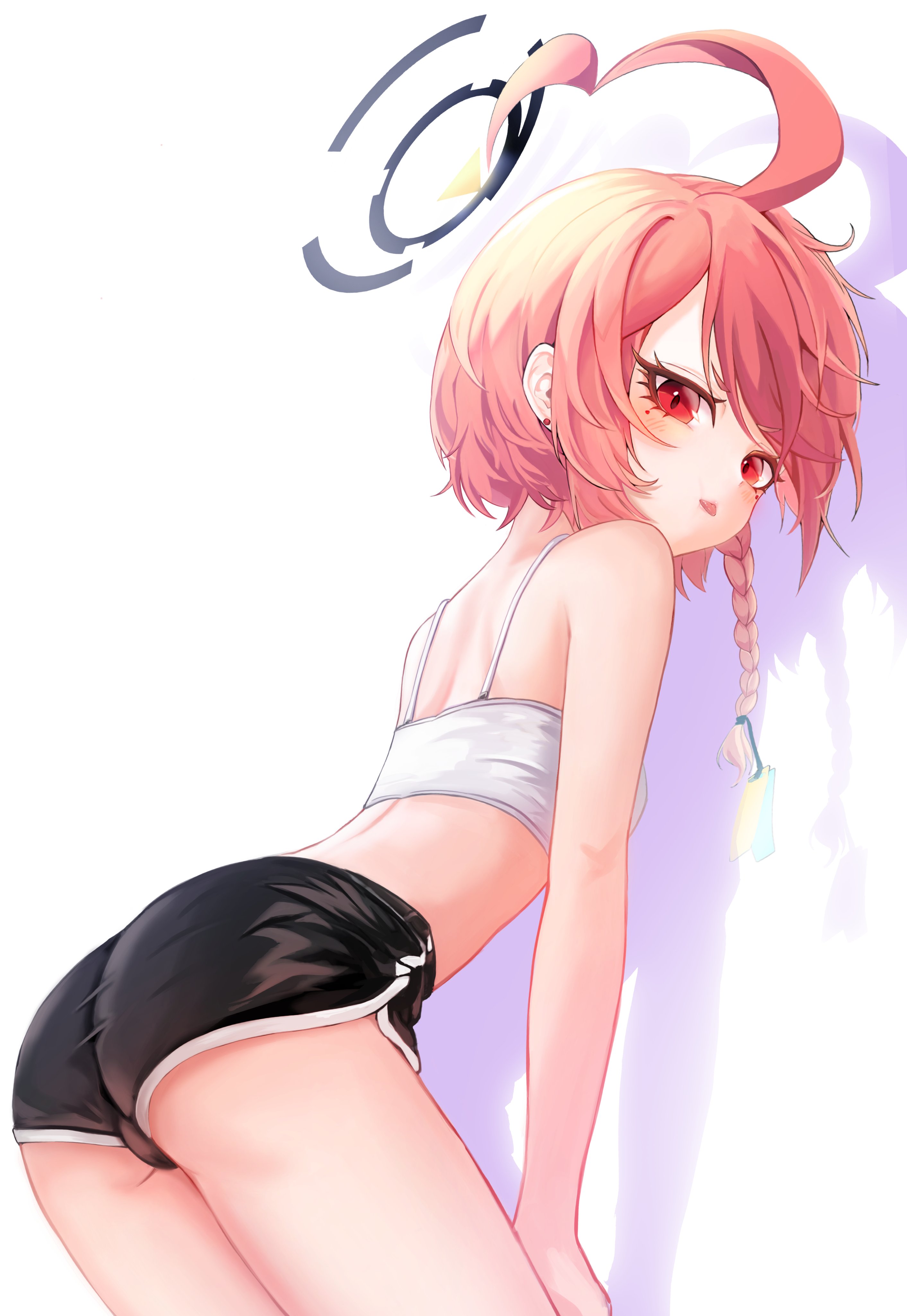rutax xark, neru (blue archive), blue archive, 1girl, ahoge, ass, back, black shorts, braid, breasts, earrings, from side, gym shorts, hair ornament, hair tie, halo, hands on own legs, huge ahoge, jewelry, leaning forward, looking back, mole under each eye, mole under eye, multiple moles, orange hair, red eyes, shadow, short hair, short shorts, shorts, side braid, small breasts, solo, sports bra, standing, tongue, tongue out, white background, white sports bra