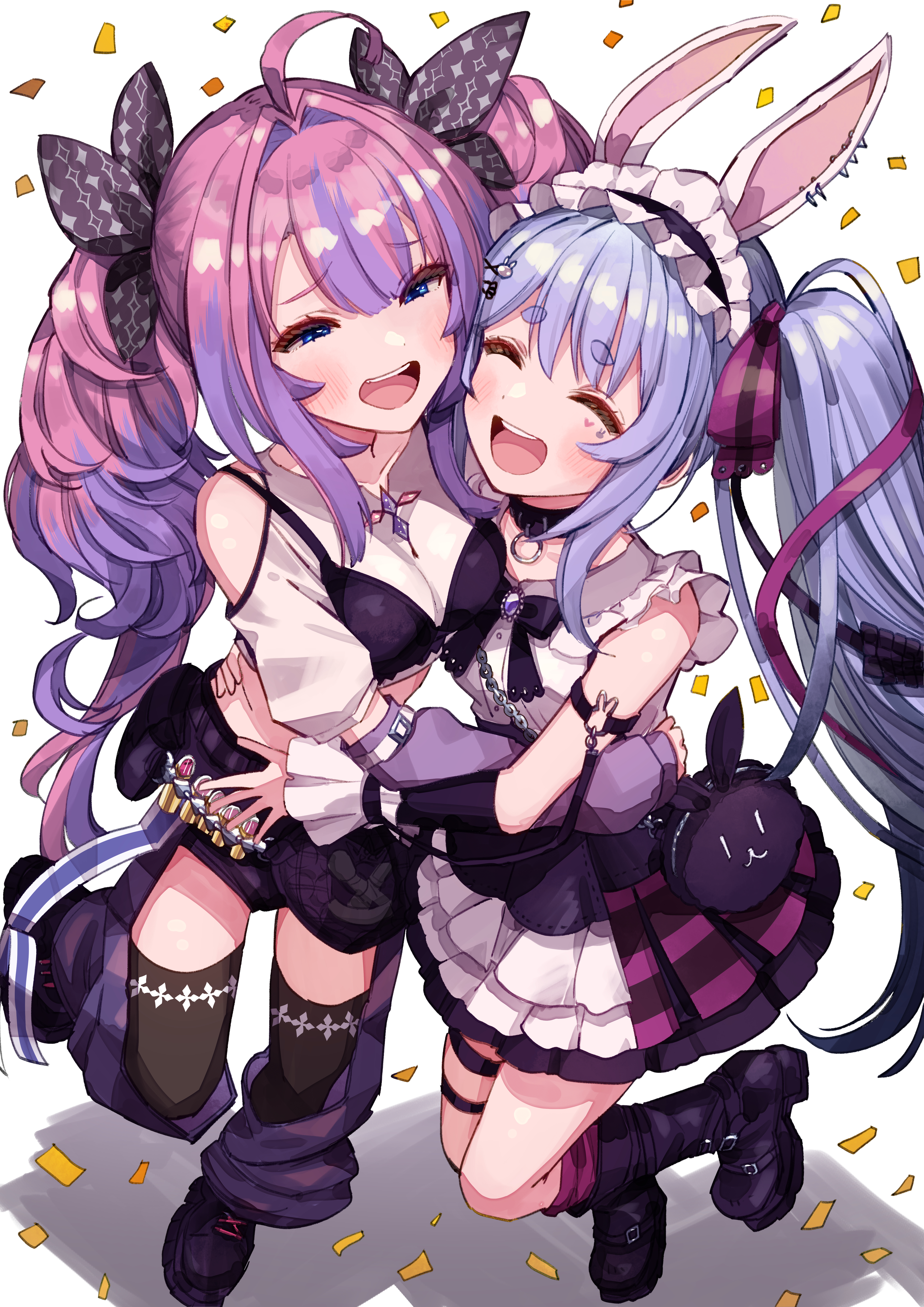 nanado shion, kikirara vivi, usada pekora, usada pekora (11th costume), hololive, hololive dev is, absurdres, highres, 2girls, ahoge, animal ear piercing, animal ears, arm warmers, asymmetrical sleeves, bag, black boots, black bow, black bowtie, black bra, black collar, blue hair, blush, boots, bow, bowtie, bra, closed eyes, collar, extra ears, feathered wings, fishnet socks, fishnets, frilled shirt, frilled skirt, frills, gradient hair, hair ribbon, jewelry, knee boots, layered skirt, layered sleeves, long hair, long sleeves, looking at another, miniskirt, multicolored hair, multiple girls, official alternate costume, official alternate hairstyle, open mouth, pink hair, purple arm warmers, purple ribbon, purple shirt, purple skirt, purple socks, rabbit ears, rabbit girl, ribbon, shirt, short sleeves, shoulder bag, sidelocks, single sleeve past wrist, skirt, sleeveless, sleeveless shirt, smile, socks, spiked collar, spikes, symbol-shaped pupils, t-shirt, teeth, thick eyebrows, thigh strap, twintails, underwear, uneven sleeves, upper teeth only, very long hair, virtual youtuber, white hair, white headdress, white shirt, white skirt, wings