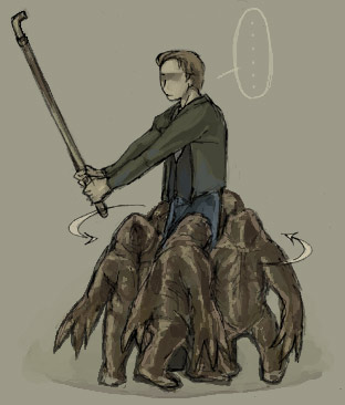 harry mason, mumbler, silent hill, silent hill (series), lowres, 1boy, brown hair, lead pipe, male focus, monster, steel pipe