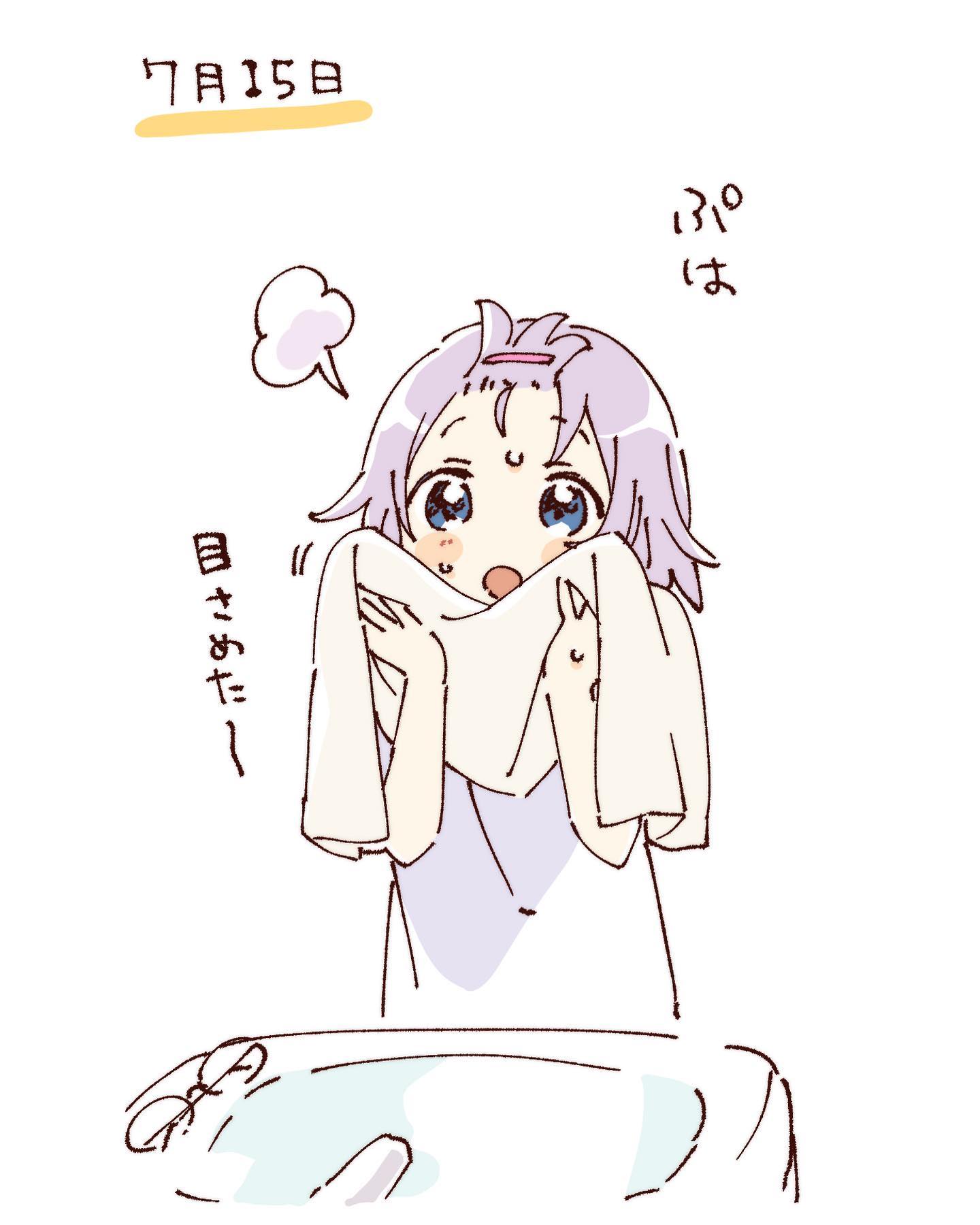 namori, ikeda chitose, yuruyuri, hashtag-only commentary, highres, translation request, 1girl, :o, bangs pinned back, blue eyes, blush stickers, glasses, grey hair, open mouth, shirt, short hair, simple background, sink, solo, towel, unworn eyewear, upper body, wet, white background, white shirt