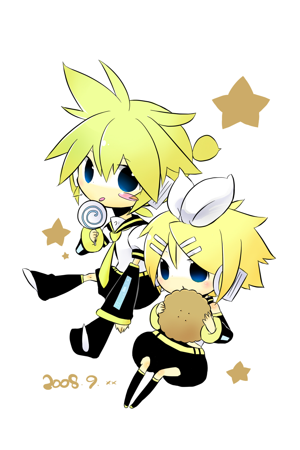 akisame kou, kagamine len, kagamine rin, vocaloid, bad id, bad pixiv id, highres, 1boy, 1girl, blonde hair, blue eyes, brother and sister, candy, chibi, detached sleeves, food, hair ornament, hairclip, lollipop, ribbon, siblings, swirl lollipop, twins