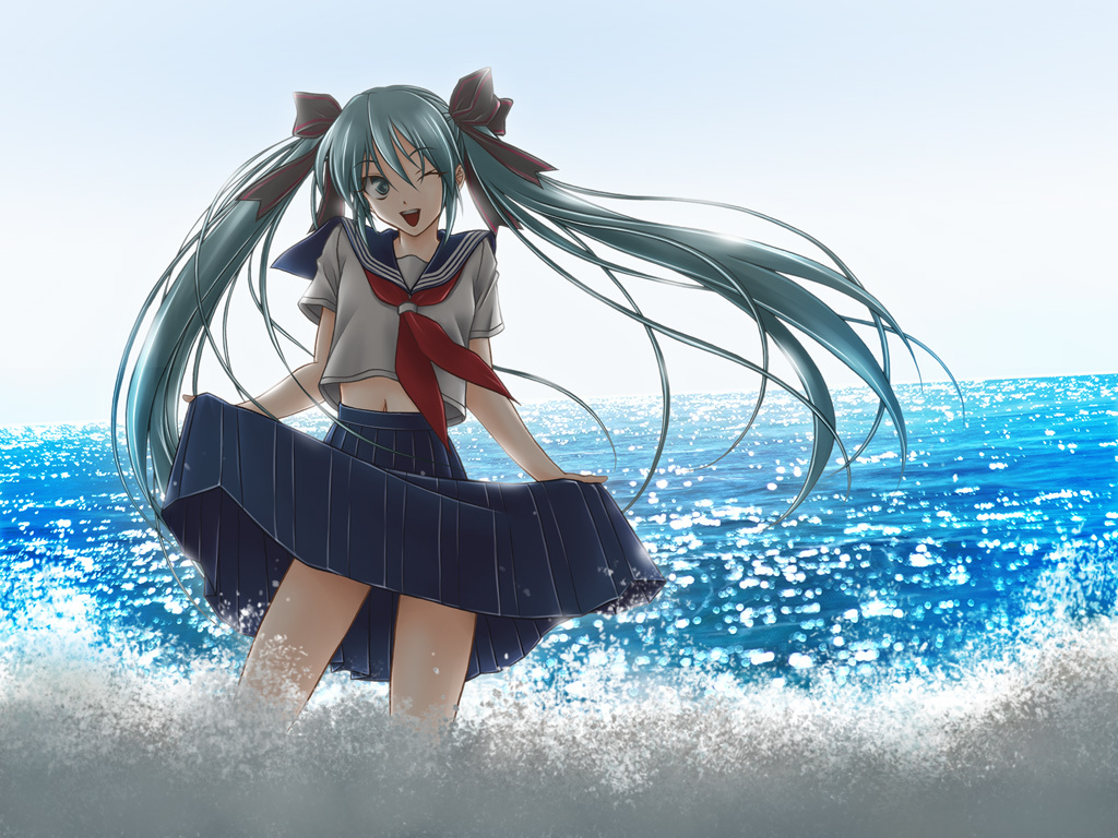mid knight, hatsune miku, vocaloid, aqua eyes, aqua hair, bow, clothes lift, hair bow, hair ribbon, long hair, navel, one eye closed, ribbon, school uniform, skirt, skirt hold, skirt lift, solo, twintails, water, wink