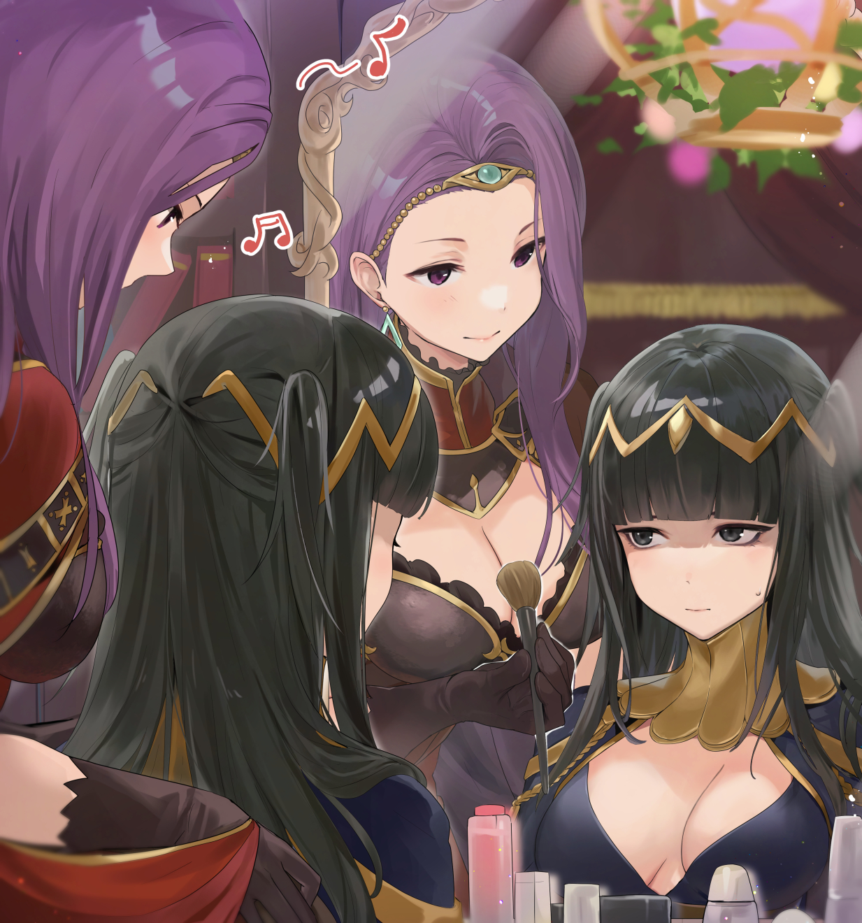 haru (nakajou-28), sonya (fire emblem gaiden), tharja (fire emblem), fire emblem, fire emblem awakening, fire emblem gaiden, nintendo, highres, 2girls, black eyes, black hair, blunt bangs, breasts, brown gloves, cleavage, closed mouth, earrings, from behind, gloves, holding, holding brush, holding makeup brush, jewelry, large breasts, long hair, looking at another, looking at mirror, makeup brush, medium breasts, mirror, multiple girls, musical note, purple eyes, purple hair, reflection, shaded face, smile, two side up