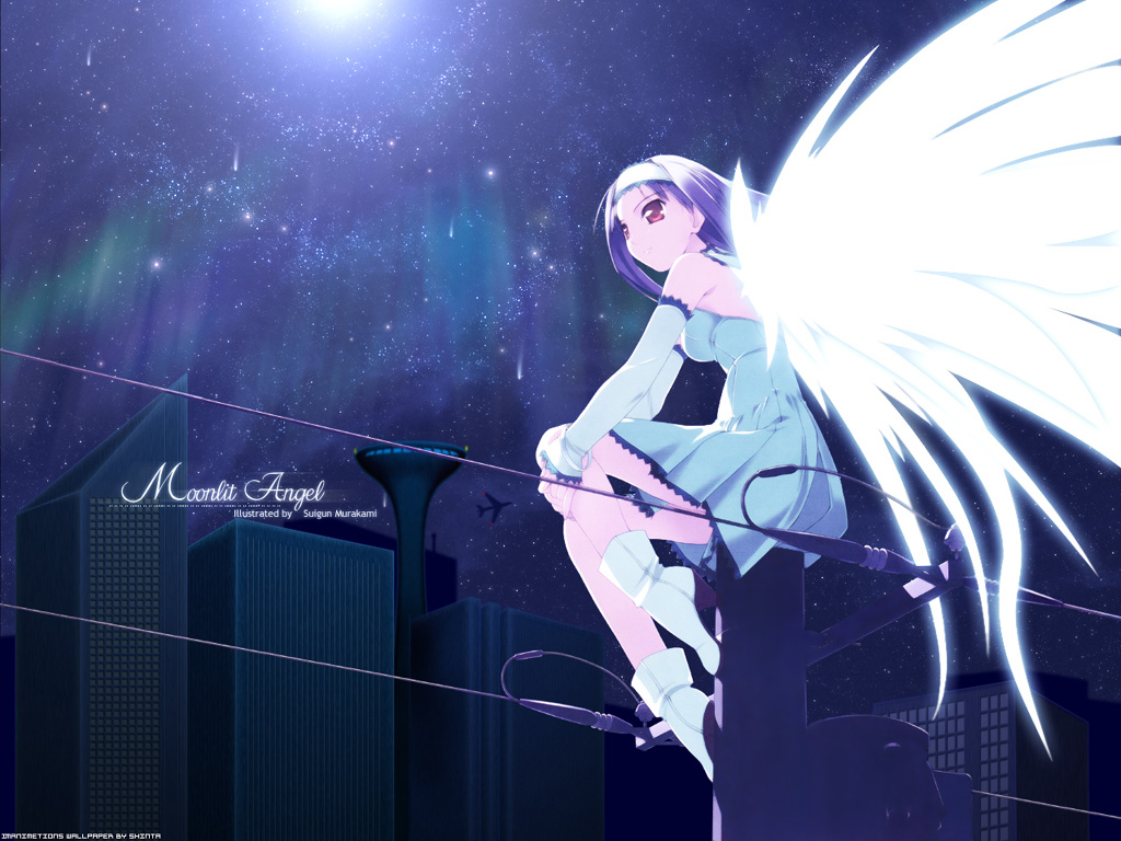 murakami suigun, yuriel arlencloyn, d-a white, 1girl, angel, angel wings, dress, female focus, night, purple hair, red eyes, solo, watermark, wings