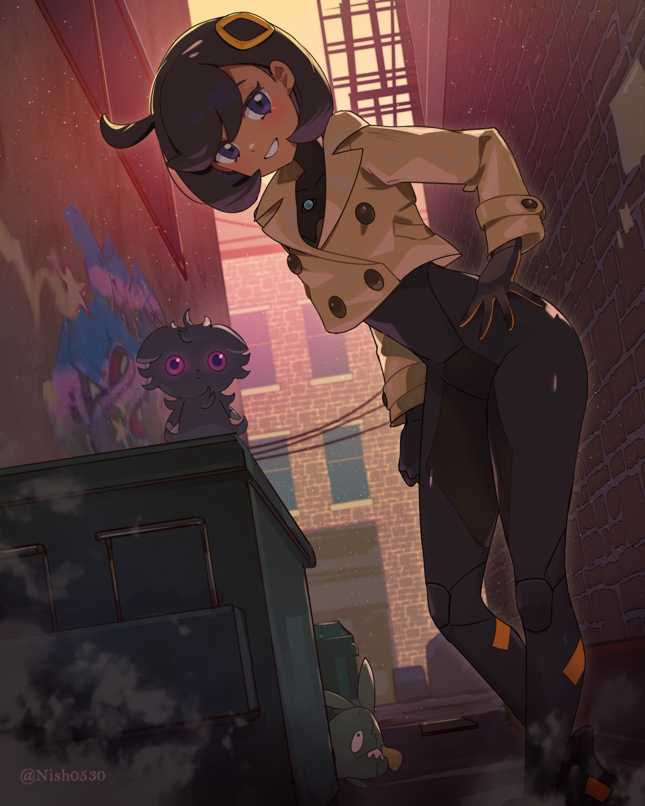hsin, emma (pokemon), espurr, trubbish, nintendo, pokemon, pokemon legends: z-a, absurdres, commentary request, highres, 1girl, alley, black bodysuit, black hair, blue eyes, blush, bodysuit, brick wall, brown jacket, city, crossed ankles, dark-skinned female, dark skin, gen 5 pokemon, gen 6 pokemon, graffiti, grin, hair ornament, hand on own hip, jacket, leaning forward, long sleeves, looking at viewer, outdoors, pokemon (creature), power lines, purple eyes, short hair, skin tight, smile, standing, steam, trash can, twitter username