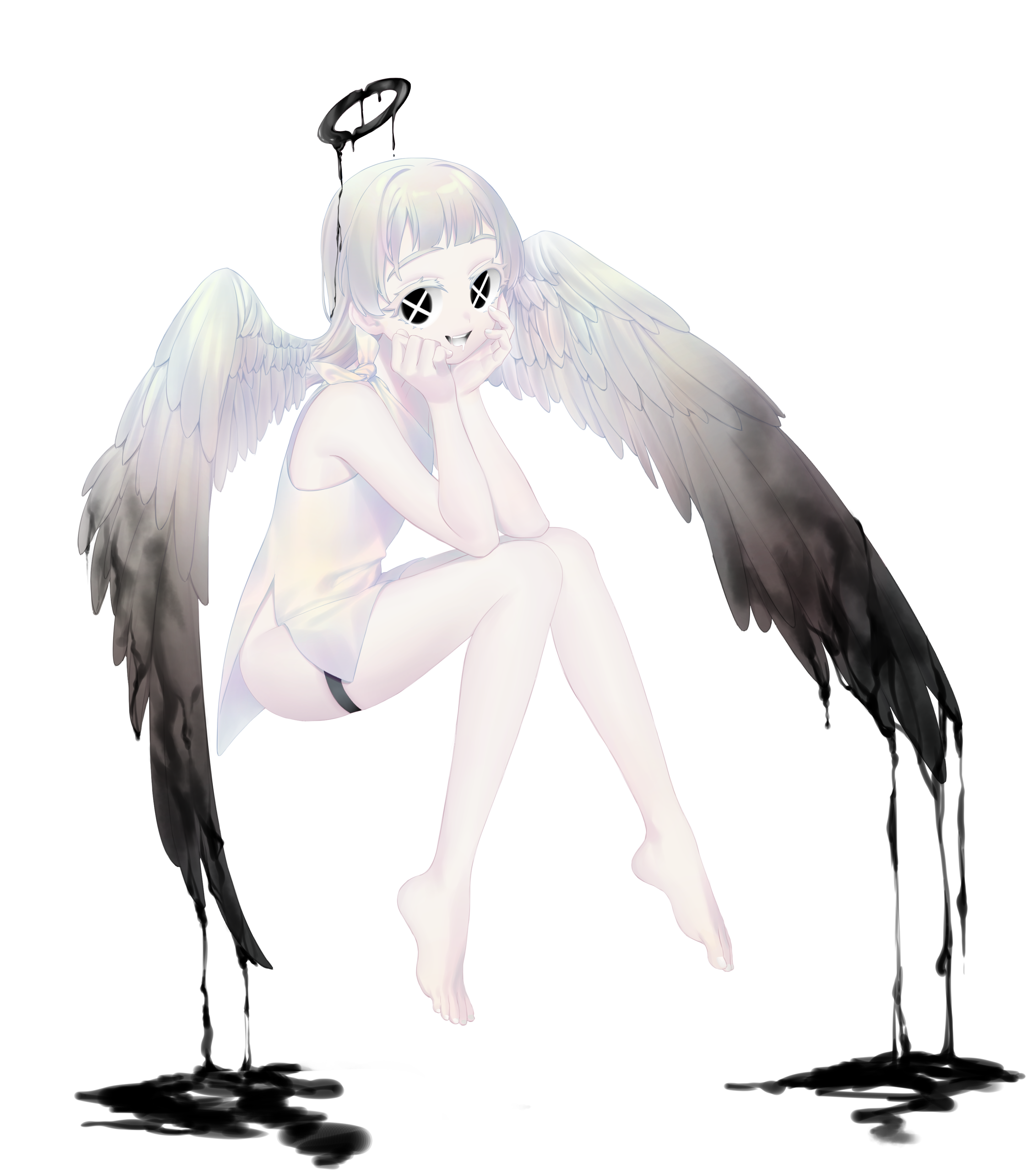 yu1 na12, original, absurdres, highres, 1girl, angel, angel wings, bare legs, barefoot, black eyes, dress, feathered wings, flat chest, full body, gradient wings, halo, looking at viewer, melting halo, multicolored wings, short dress, short hair, smile, solo, symbol-shaped pupils, white dress, white hair, wings, x-shaped pupils