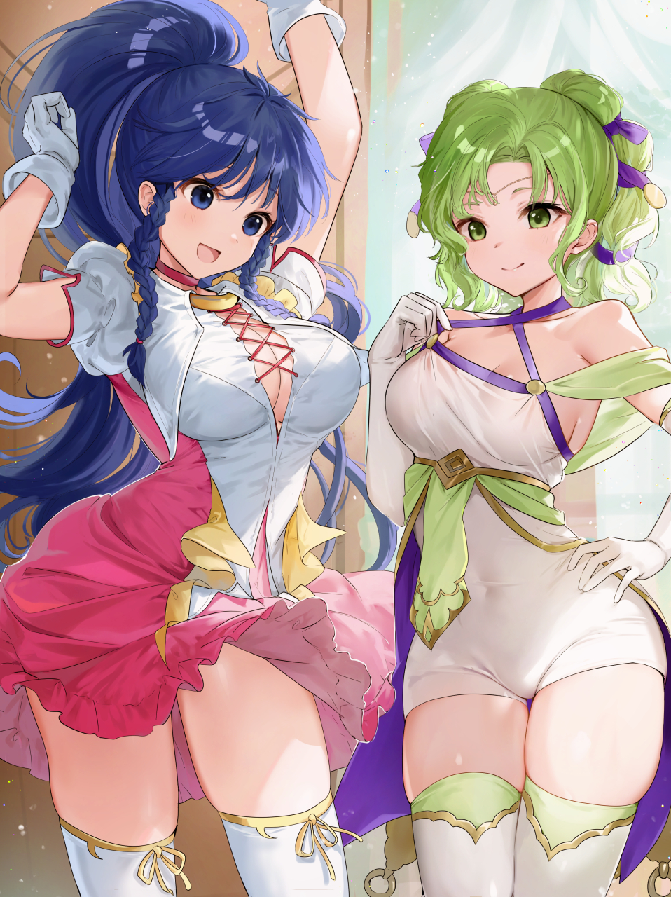 haru (nakajou-28), l'arachel (fire emblem), tana (fire emblem), fire emblem, fire emblem: the sacred stones, nintendo, highres, 2girls, :d, alternate costume, arm up, armpits, blue eyes, blue hair, braid, breasts, cleavage, closed mouth, collarbone, covered navel, dress, gloves, green eyes, green hair, hand on own hip, large breasts, long hair, medium breasts, multiple girls, open mouth, ponytail, skindentation, smile, standing, thighhighs, thighs, tongue, twin braids, white dress, white gloves, white thighhighs, wide hips
