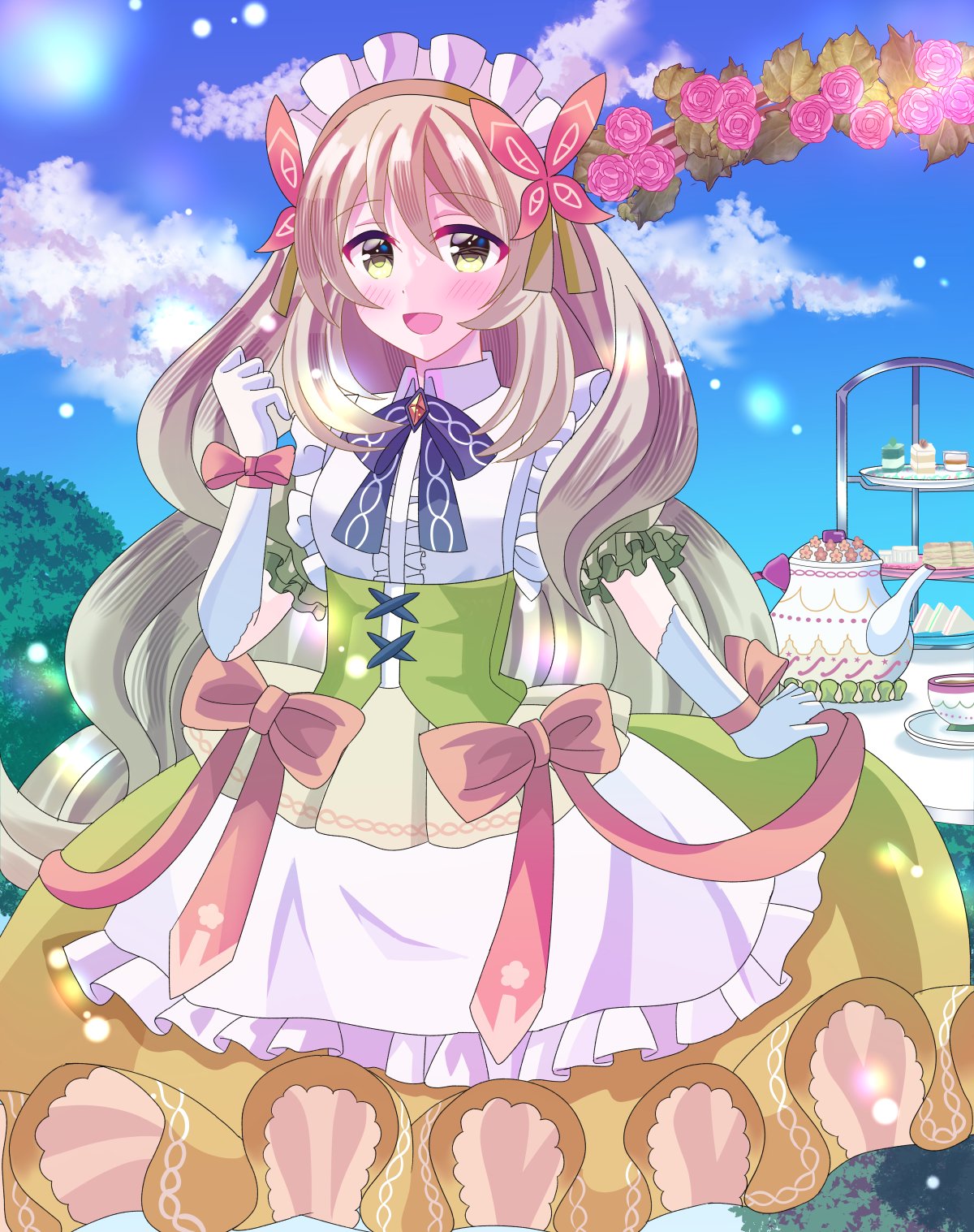 potato0805, celine (blissful tea party) (fire emblem), celine (fire emblem), fire emblem, fire emblem engage, fire emblem heroes, nintendo, highres, 1girl, :d, apron, black bow, blonde hair, blue sky, blush, bow, breasts, butterfly hair ornament, cloud, cup, dress, dress bow, flower, gloves, green eyes, hair between eyes, hair ornament, long hair, looking at viewer, maid, maid apron, maid headdress, official alternate costume, open mouth, orange bow, rose, sky, small breasts, smile, solo, teacup, teapot, tiered tray, very long hair, white gloves, wrist bow, yellow dress