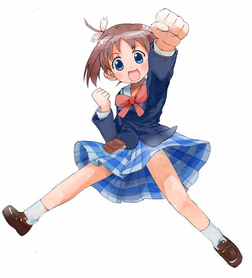 nyama, amamiya manami, gakuen utopia manabi straight!, bad id, bad pixiv id, 00s, 1girl, blue eyes, bow, brown hair, child, female focus, jumping, massugu go, pink bow, plaid clothes, plaid skirt, red hair, school uniform, skirt, solo