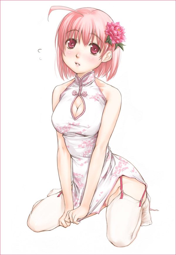 kanda aya, mashiba mariko, original, 1girl, ahoge, breasts, china dress, chinese clothes, cleavage, cleavage cutout, clothing cutout, dress, female focus, female pubic hair, flower, garter belt, garter straps, hair flower, hair ornament, large breasts, no panties, pink eyes, pink hair, plum blossoms, pubic hair, short hair, sitting, solo, thighhighs, wariza