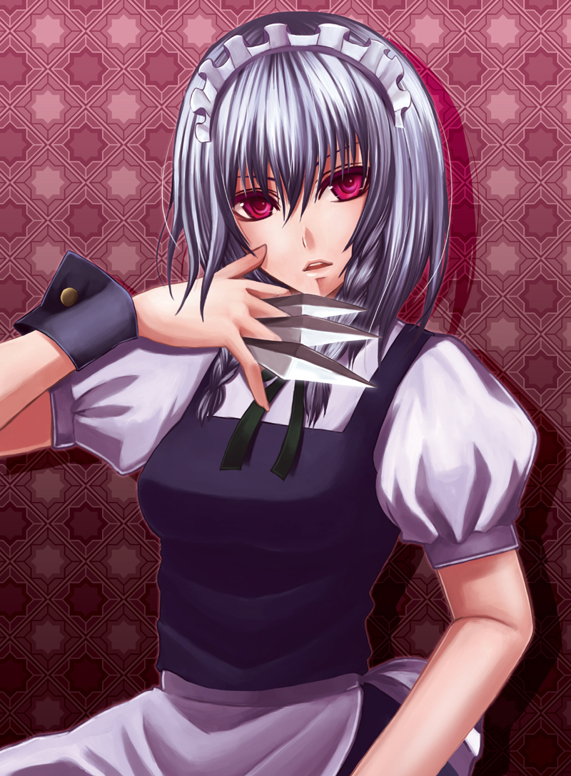 nonoko, yuuka nonoko, izayoi sakuya, touhou, silver hair, bad id, bad pixiv id, 1girl, between fingers, braid, female focus, holding, knife, maid headdress, parted lips, red eyes, solo, twin braids, wrist cuffs