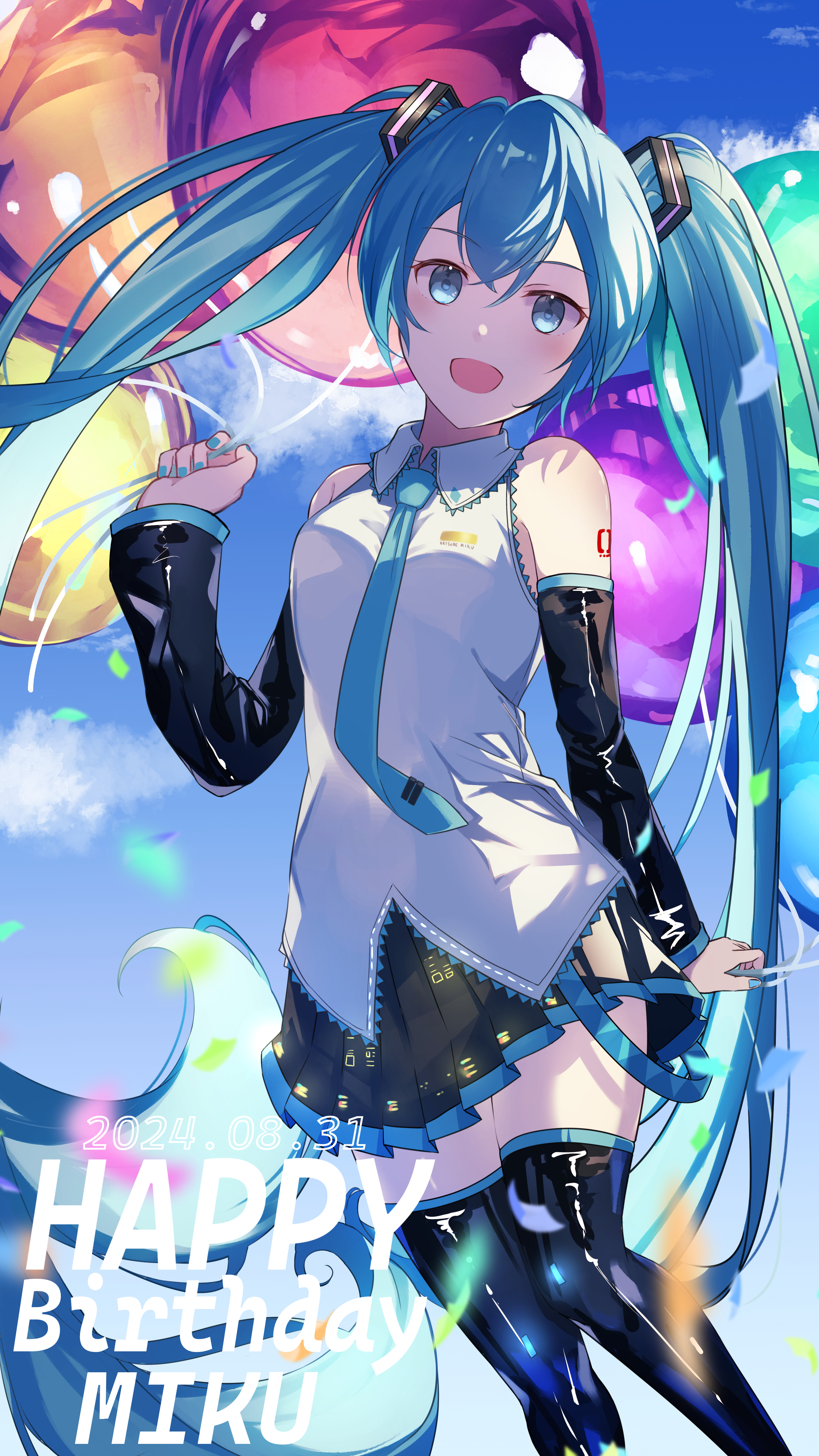 toratora789, hatsune miku, vocaloid, absurdres, highres, 1girl, aqua eyes, aqua hair, aqua nails, aqua necktie, aqua trim, arm tattoo, balloon, black skirt, boots, breasts, character name, collared shirt, dated, hair between eyes, hair ornament, happy birthday, holding, holding balloon, light blush, long hair, looking at viewer, medium breasts, necktie, number tattoo, open mouth, pleated skirt, shirt, skirt, sleeveless, sleeveless shirt, smile, solo, tattoo, thigh boots, thighhighs, very long hair, zettai ryouiki