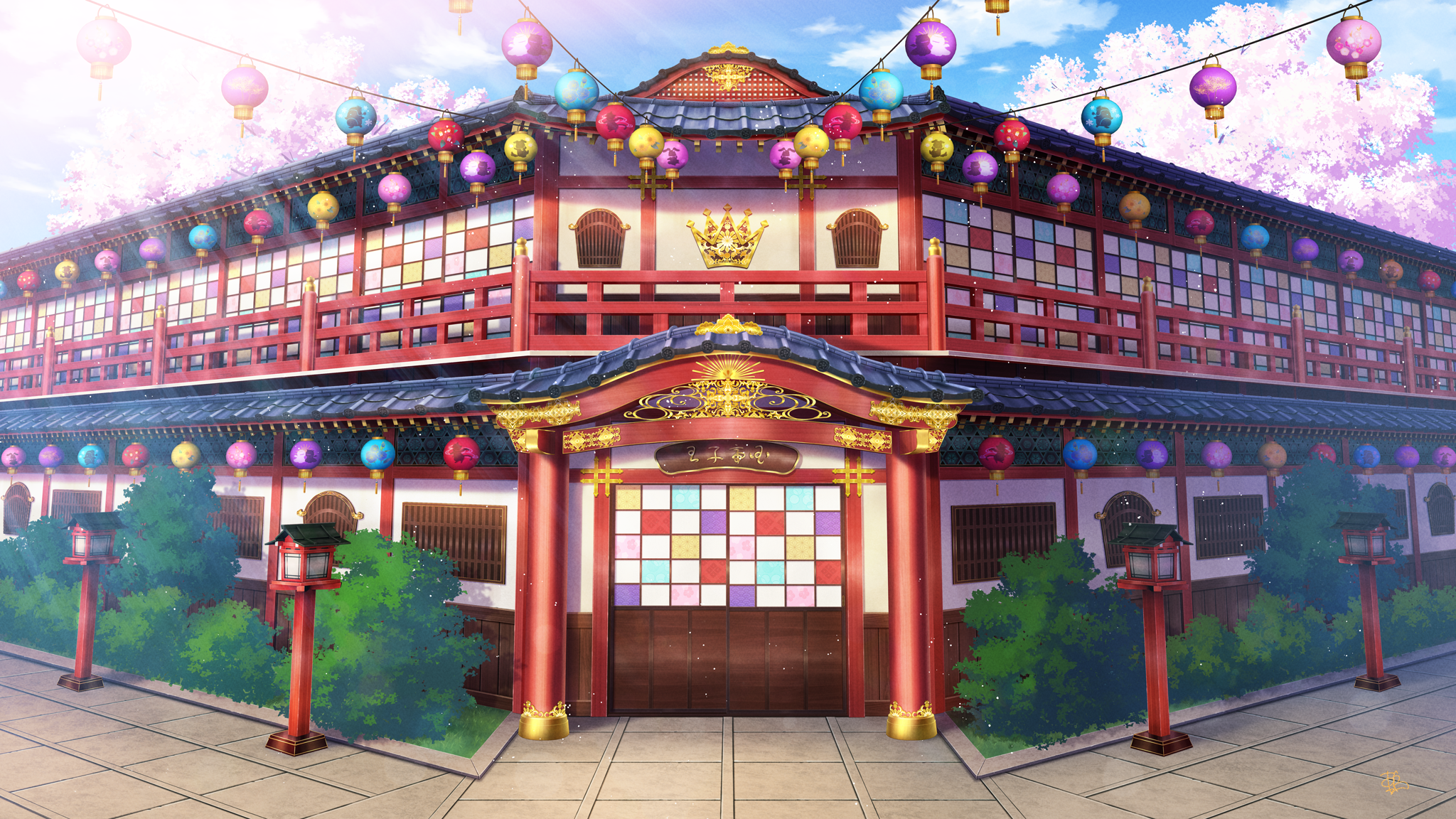 azuma hatori, prince kingdom, highres, official art, architecture, building, bush, cherry blossoms, cloud, crown (symbol), day, east asian architecture, flower, lantern, no humans, outdoors, paper lantern, pavement, pillar, pink flower, railing, scenery, shouji, sign, sliding doors, tree, window, wooden lantern
