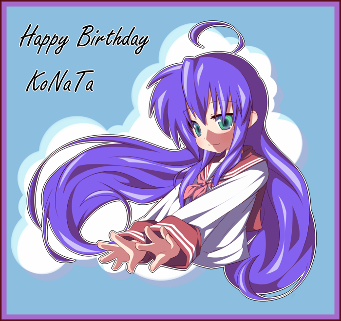 sugu maigo ninaru umumu, umumu (pilcre), izumi konata, lucky star, bad id, bad pixiv id, 00s, 1girl, ahoge, birthday, blue hair, female focus, green eyes, long hair, mole, mole under eye, solo