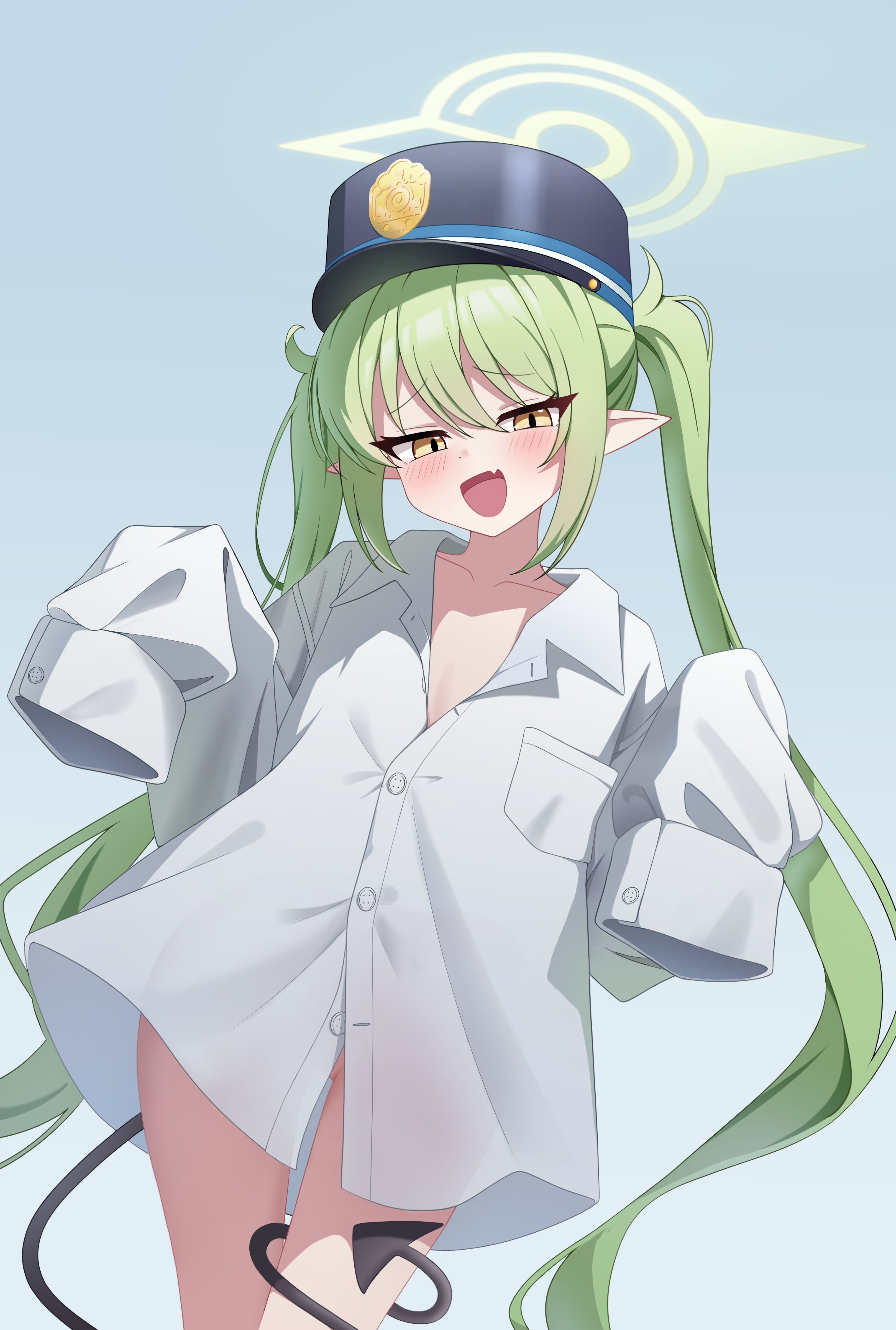 nozomi (blue archive), blue archive, absurdres, highres, green hair, halo, hat, loose clothes, no pants, pointy ears, sleeves past fingers, sleeves past wrists, tail, user shjm4774