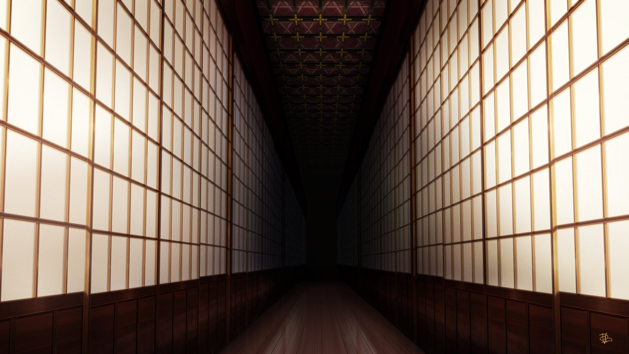 azuma hatori, prince kingdom, highres, official art, architecture, dark, east asian architecture, hallway, indoors, no humans, scenery, shouji, sliding doors, wooden floor