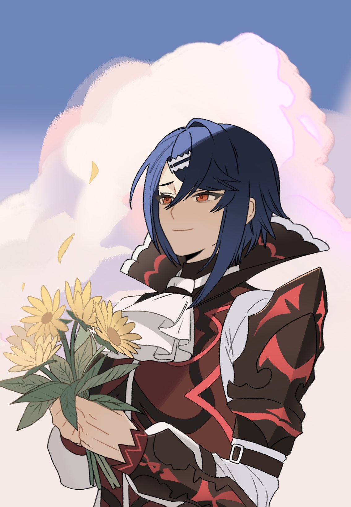 dr metagross, alcryst (fire emblem), fire emblem, fire emblem engage, nintendo, highres, 1boy, armor, ascot, blue hair, closed mouth, cloud, flower, hair between eyes, hair ornament, hairclip, high collar, holding, holding flower, long sleeves, male focus, outdoors, red eyes, shirt, short hair, smile, solo, upper body, white ascot