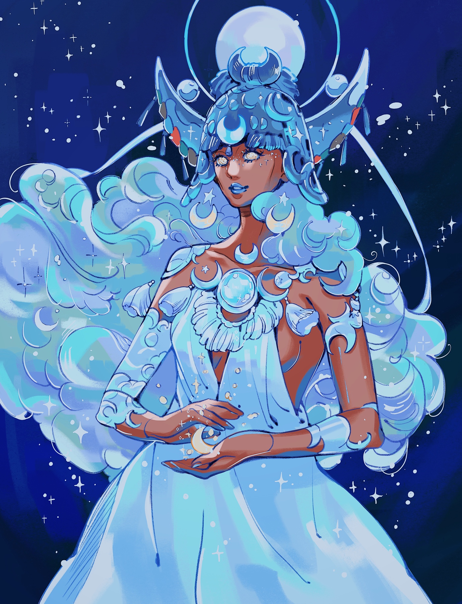 meyoco, selene (hades), hades (series), alt text, commentary, english commentary, highres, 1girl, aqua hair, armor, blue background, blue dress, blue hair, blue helmet, blue lips, blue sky, blue theme, breasts, cleavage, cowboy shot, crescent, crescent earrings, crescent hat ornament, curly hair, dark-skinned female, dark skin, dress, earrings, fake horns, forehead jewel, gem, halo, hat ornament, helmet, horned helmet, horns, jewelry, long dress, long hair, makeup, medium breasts, moon, multicolored hair, necklace, night, night sky, object floating above hand, open mouth, shoulder armor, sideboob, sky, smile, solo, space, star (sky), starry sky, sticker, sticker on face, tassel, very long hair, white eyes, white gemstone