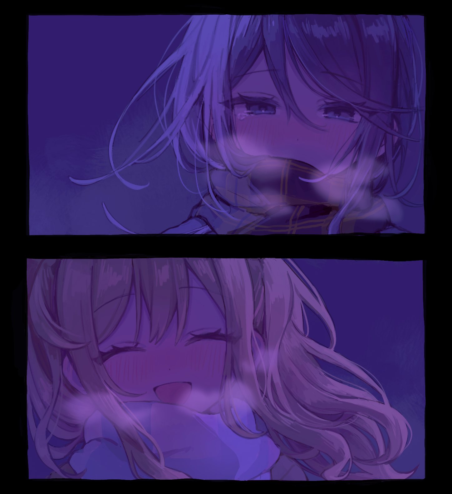 mu ri003, hoshino ichika (project sekai), tenma saki, project sekai, highres, 2girls, :d, black hair, blonde hair, blue eyes, blush, breath, dot nose, gradient hair, long hair, looking at viewer, multicolored hair, multiple girls, open mouth, pink hair, scarf, smile, split screen, tearing up, twintails