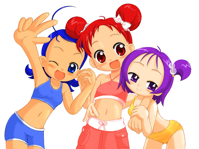 harukaze doremi, segawa onpu, senoo aiko, ojamajo doremi, ahoge, purple hair, red hair, swimsuit