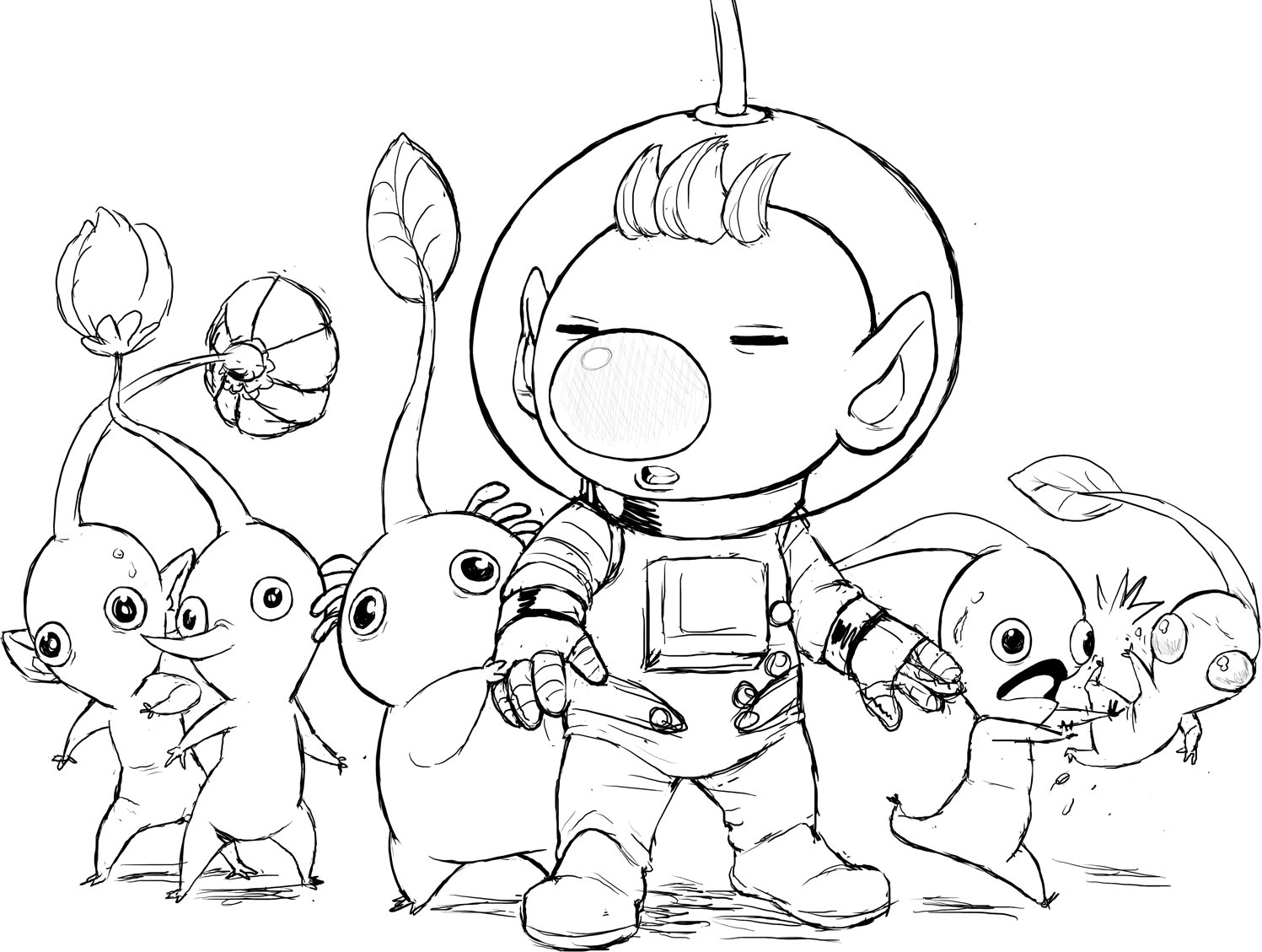 blue pikmin, purple pikmin, red pikmin, white pikmin, yellow pikmin, nintendo, pikmin (series), alien, flower, helmet, large nose, leaf, pikmin (creature), pointy ears, pointy nose, space helmet, spacesuit