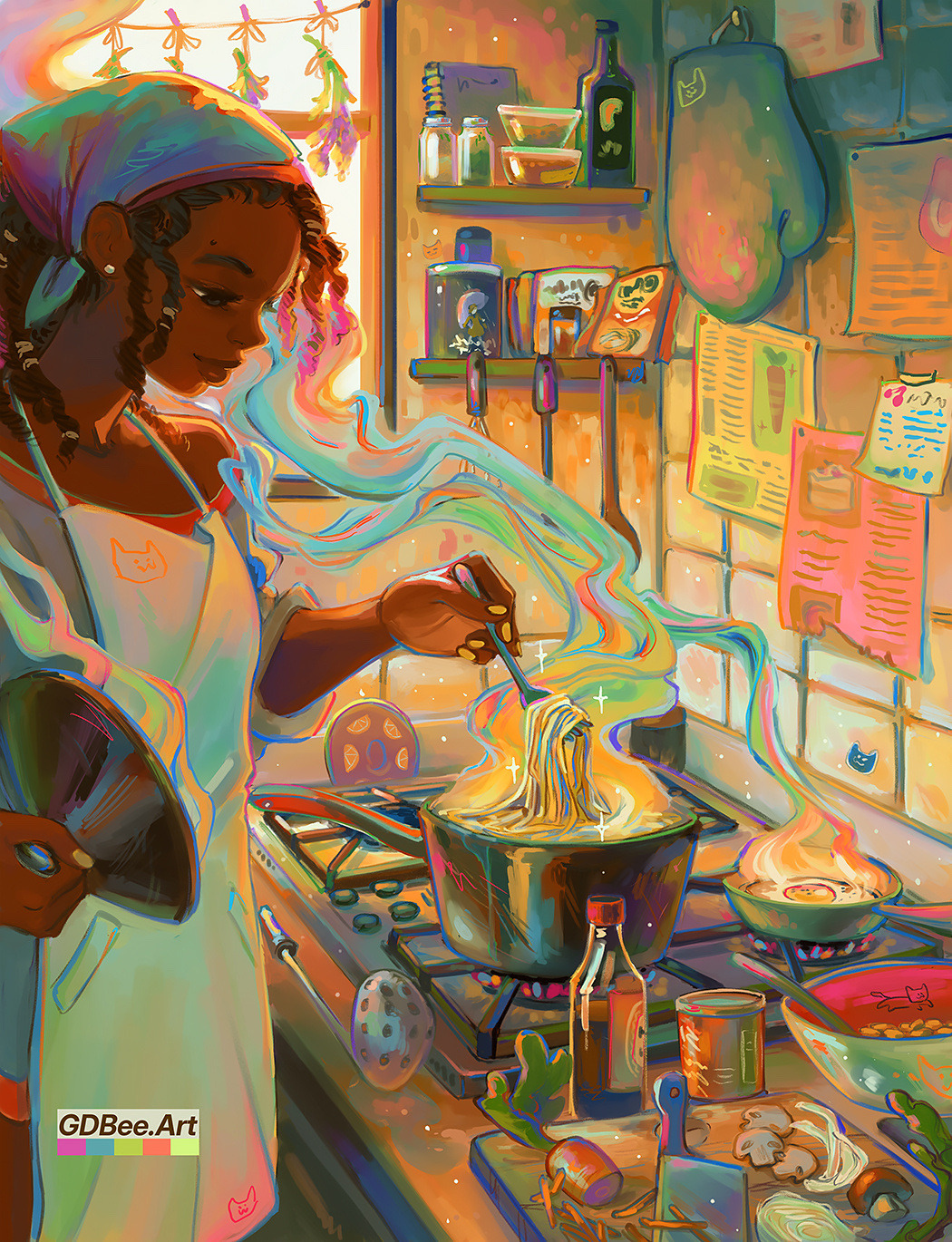 geneva bowers, maruchan (brand), original, highres, apron, artist name, bandana, braided dreadlocks, cabinet, cooking, cooking pot, counter, curly hair, cutting board, dark-skinned female, dark skin, food, fork, holding, holding fork, holding ladle, indoors, instant ramen, kitchen, ladle, light-skinned palms, mixing bowl, muted color, noodles, off-shoulder shirt, off shoulder, product placement, ramen, recipe (object), sepia, shirt, slice of life, standing, stove, watermark, whisk, white apron
