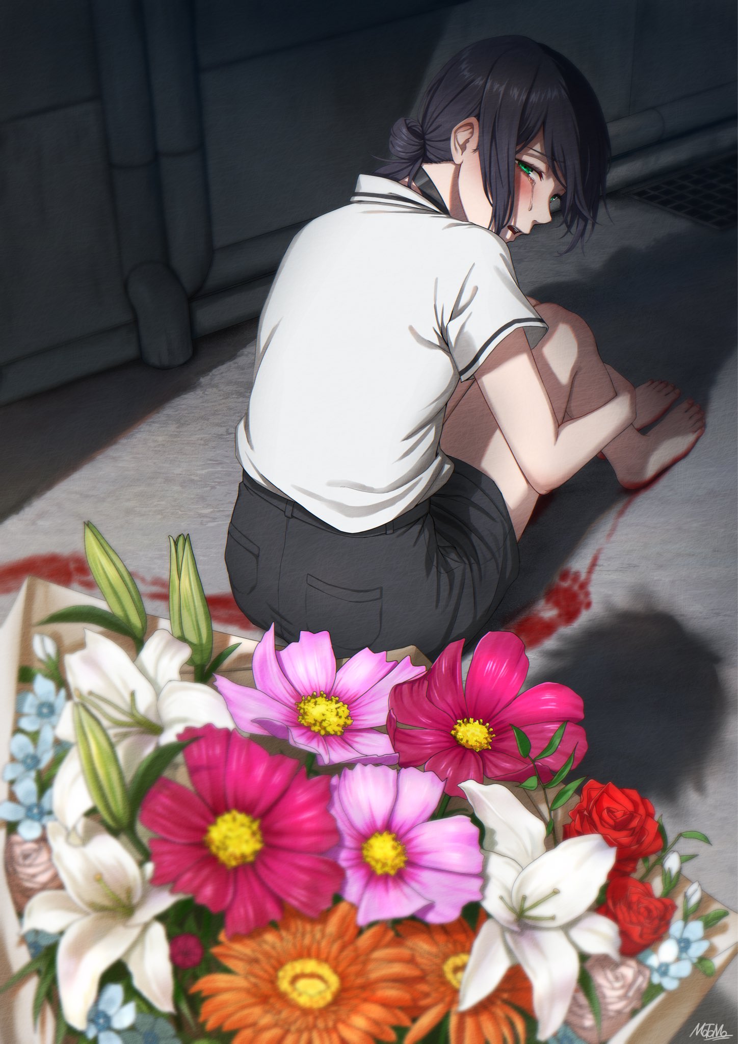 matomo, reze (chainsaw man), chainsaw man, highres, 1girl, back, blood, blush, bouquet, choker, crying, flower, footprints, green eyes, hair bun, looking back, open mouth, purple hair, shirt, shorts, single hair bun, sitting, white shirt