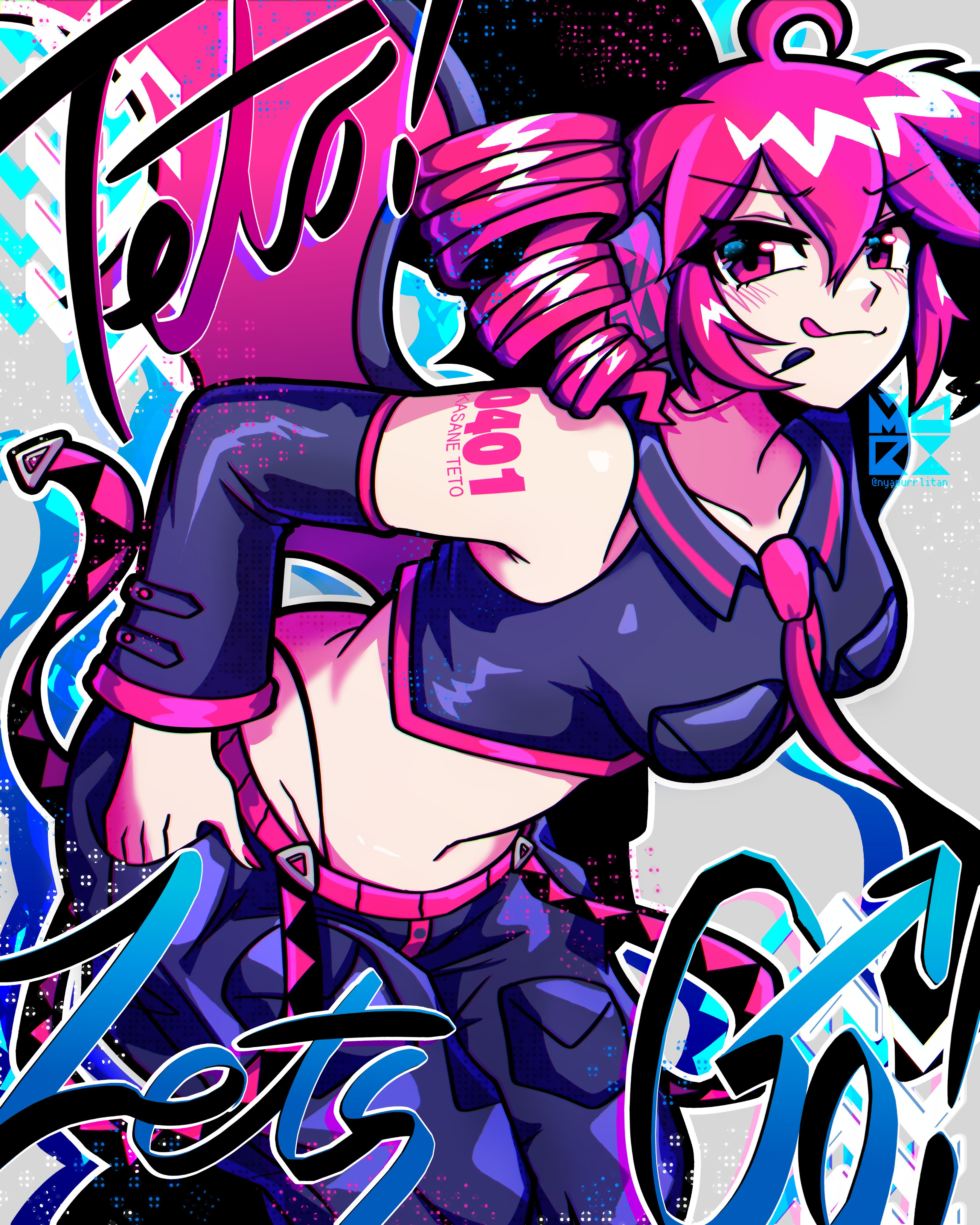 nyapurrlitan, kasane teto, kasane teto (utau), utau, absurdres, highres, 1girl, ahoge, arm tattoo, black pants, black shirt, blush, breasts, closed mouth, crop top, detached sleeves, dress, drill hair, furrowed brow, hand in pocket, headset, high-waist panties, long sleeves, looking at viewer, medium breasts, nail polish, navel, necktie, number tattoo, pants, red dress, red hair, red nails, red necktie, shirt, sleeveless, sleeveless shirt, smile, solo, tattoo, tongue, tongue out, twin drills