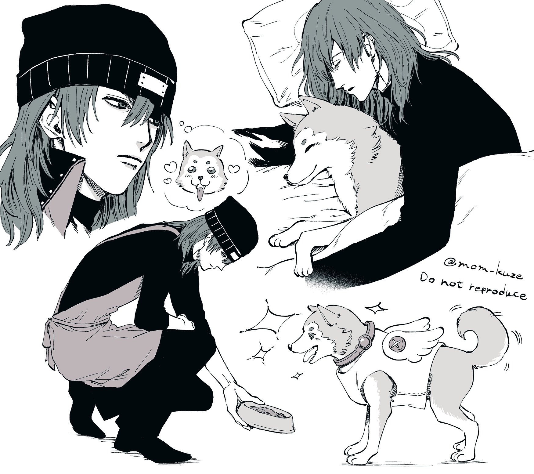 aragaki shinjirou, koromaru (persona), persona, persona 3, commentary request, highres, 1boy, apron, beanie, black hat, black pants, black shirt, bowl, closed mouth, cropped head, dog, from side, full body, greyscale, hair between eyes, hat, head on pillow, image in thought bubble, long sleeves, looking down, male focus, medium hair, mom kuzu, monochrome, multiple views, pants, pet bowl, pillow, shirt, simple background, sleeping, sleeping animal, sparkle, speech bubble, tail, tail wagging, thought bubble, turtleneck, turtleneck shirt, twitter username, white background