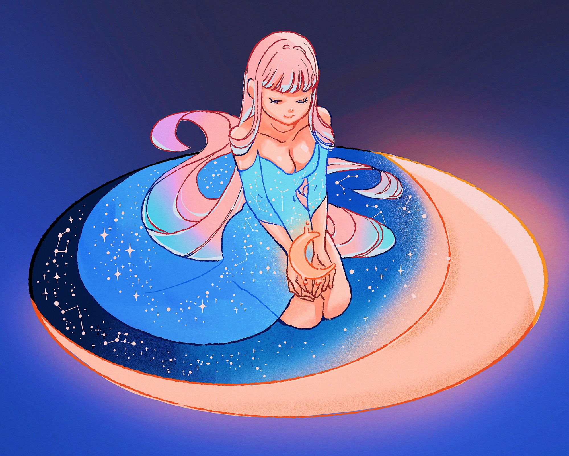 meyoco, original, alt text, commentary, english commentary, highres, 1girl, abstract background, absurdly long hair, bare shoulders, blue background, blue dress, blue hair, blunt bangs, breasts, cleavage, closed eyes, closed mouth, constellation, constellation print, crescent, cupping hands, dress, dripping, front slit, glowing, gradient hair, long dress, long hair, medium breasts, multicolored hair, object floating above hand, own hands together, pink background, pink hair, print dress, seiza, sitting, solo, three-quarter sleeves, very long hair, yellow light