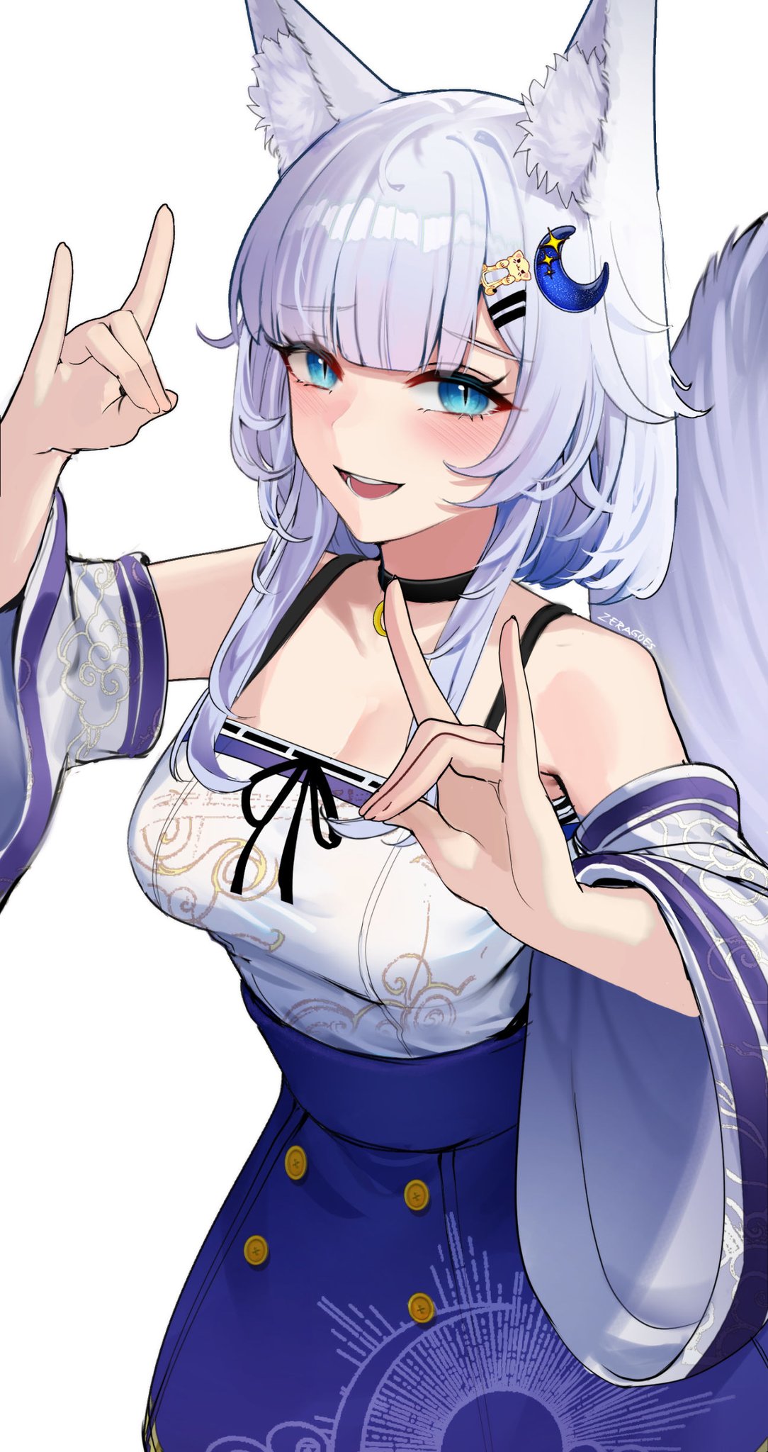 zeragoes, indie virtual youtuber, commentary, hashtag-only commentary, highres, 1girl, animal ear fluff, animal ears, bare shoulders, black choker, blue eyes, blue skirt, blush, breasts, choker, cleavage, cowboy shot, crescent, crescent hair ornament, detached sleeves, double fox shadow puppet, fox ears, fox girl, fox shadow puppet, fox tail, grey hair, hair ornament, hands up, high-waist skirt, large breasts, long hair, long sleeves, looking at viewer, open mouth, parted bangs, shirt, sidelocks, simple background, skirt, slit pupils, smile, solo, tail, tsukiyo miho, virtual youtuber, white background, white shirt, wide sleeves