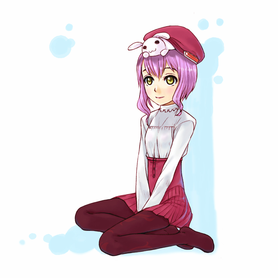 momo mizrahi, xenosaga, xenosaga episode iii, 00s, 1girl, beret, female focus, flat chest, floral print, hat, lipstick, makeup, pantyhose, pink hair, print pantyhose, purple pantyhose, rabbit, sitting, skirt, solo, yellow eyes