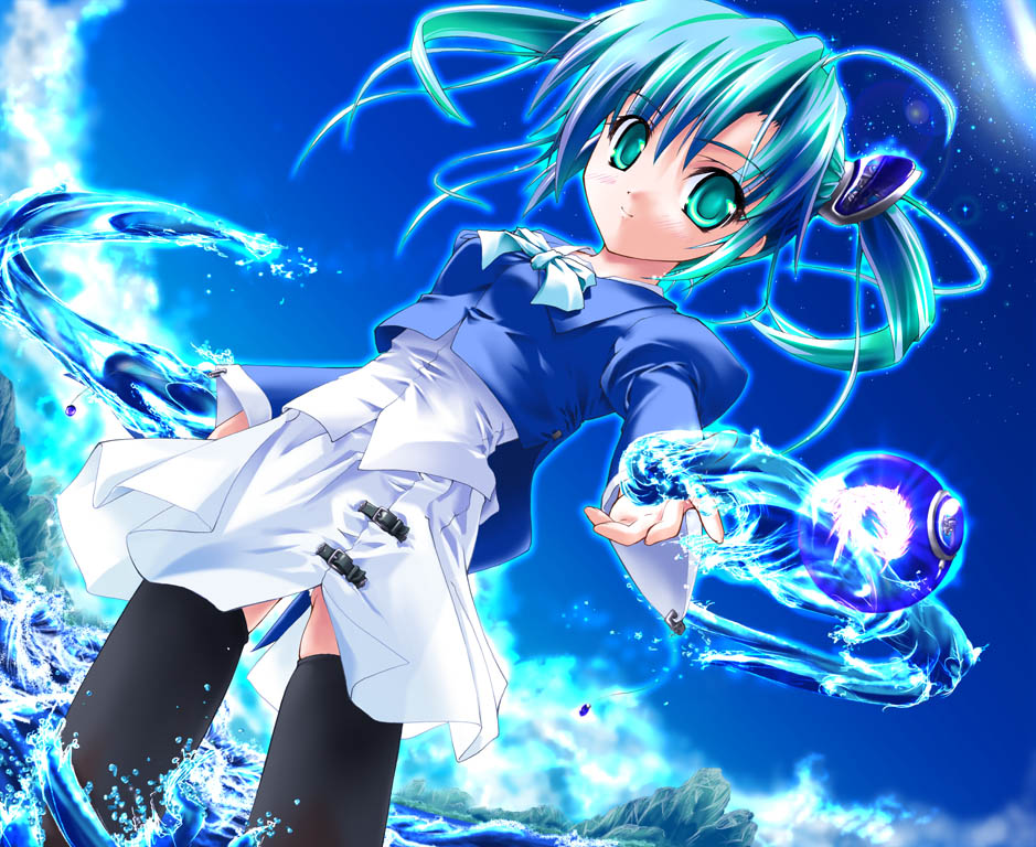 nekou izuru, rea teata, cradle-song, non-web source, aqua hair, dutch angle, green eyes, solo, thighhighs, twintails, wading, water