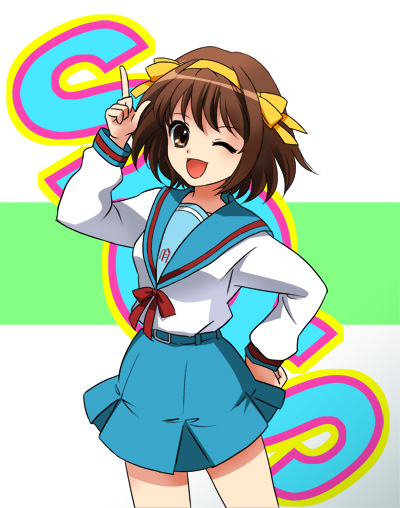 shishi, suzumiya haruhi, suzumiya haruhi no yuuutsu, 00s, brown eyes, brown hair, hand on own hip, hip focus, one eye closed, ribbon, school uniform, serafuku, short hair, solo, wink