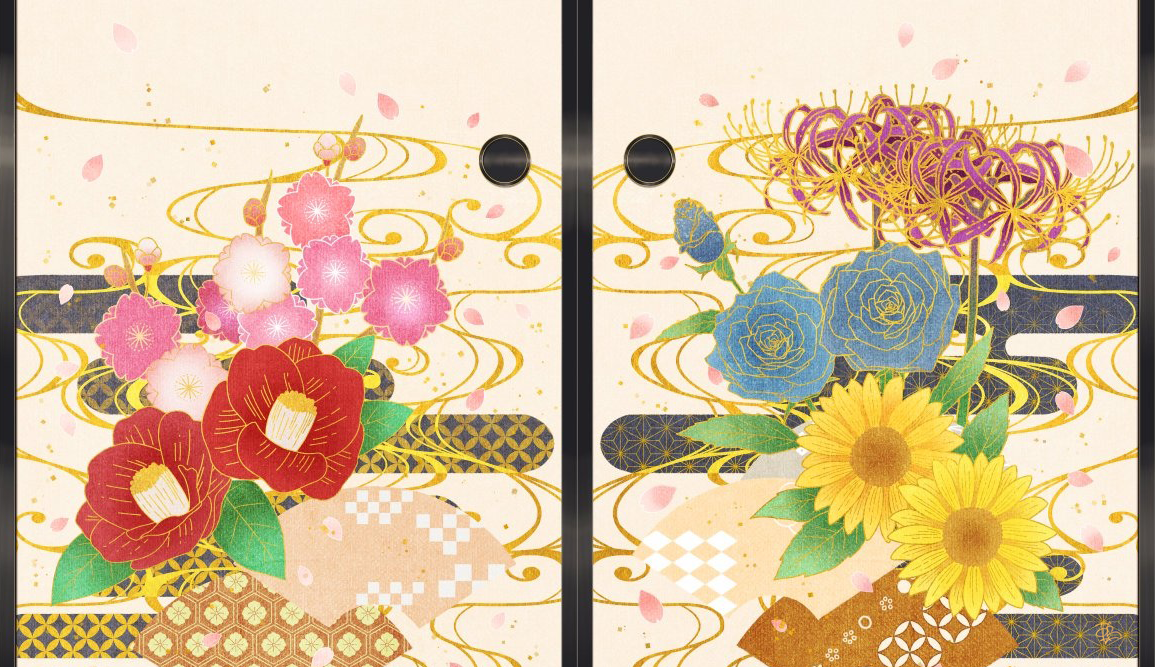 azuma hatori, prince kingdom, official art, asa no ha (pattern), blue flower, blue rose, bud, camellia print, checkered print, cherry blossom print, egasumi, fan print, floral print, flower, fusuma, kikkoumon, no humans, object focus, petal print, pink flower, purple flower, red flower, rose, rose print, sakuramon, shippou (pattern), sliding doors, spider lily print, still life, sunflower print, yellow flower