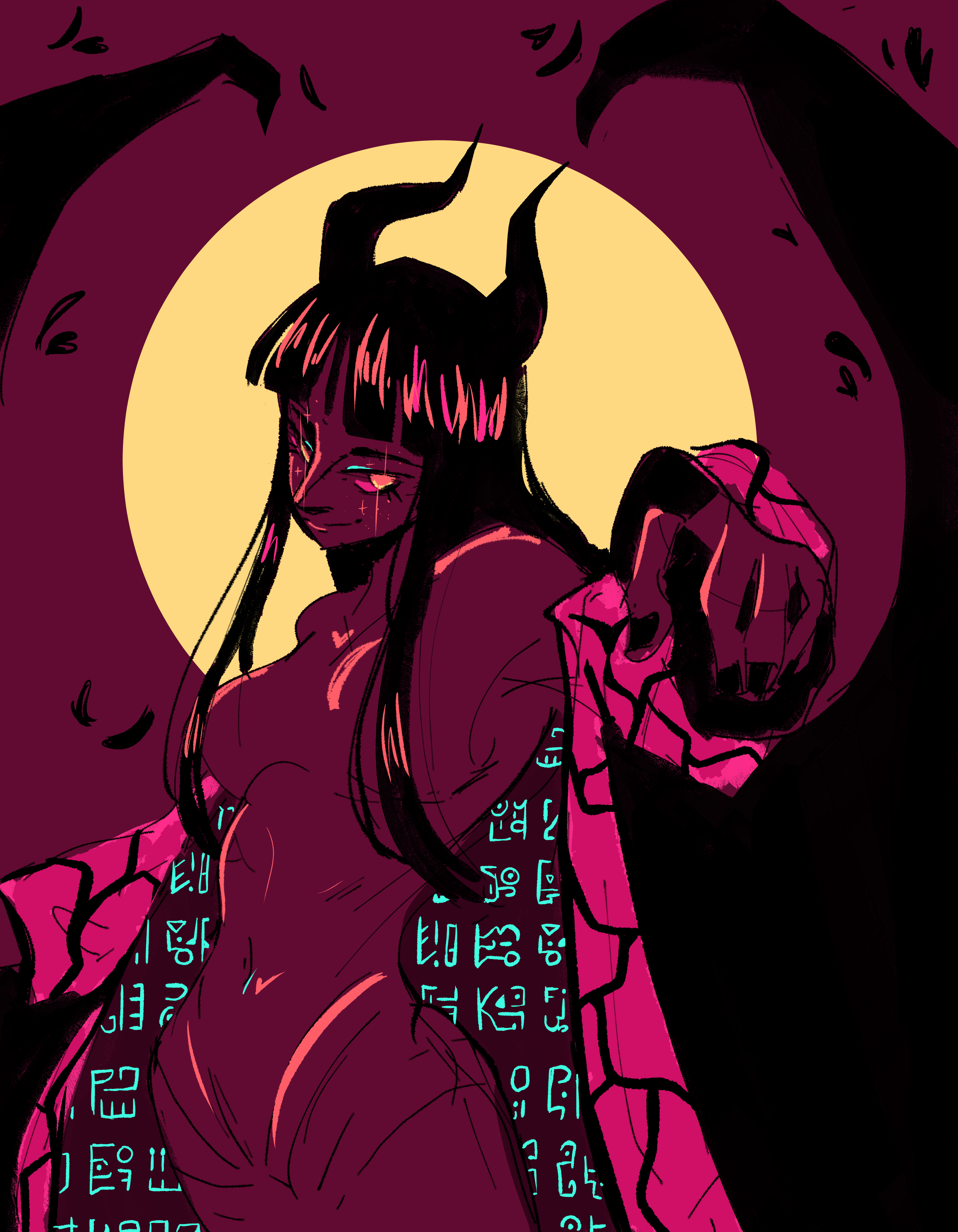wigglesdtuff, demonio fleur, nico robin, one piece, absurdres, commentary, english commentary, highres, 1girl, black nails, blunt bangs, closed mouth, cowboy shot, horns, long hair, moon, open clothes, open shirt, petals, pink shirt, poneglyph, shirt, smile, solo, wings