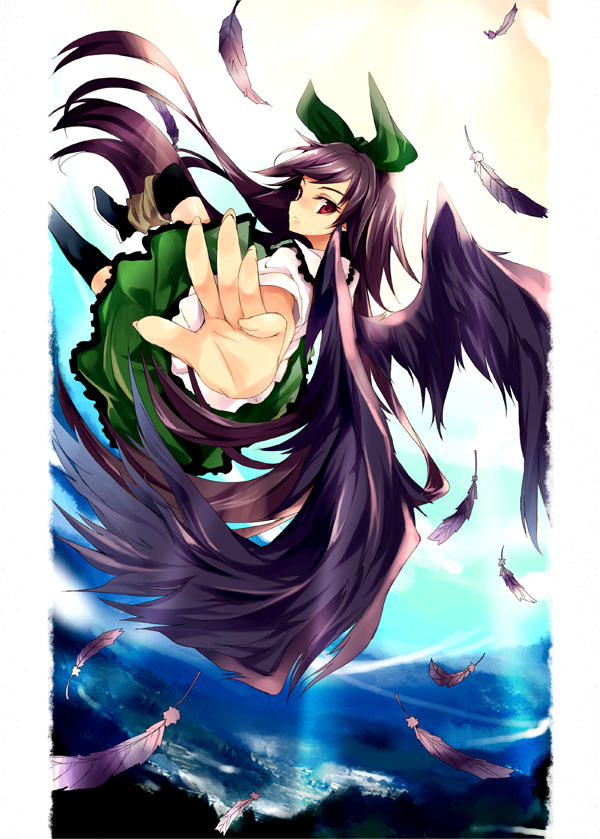 hamayumiba sou, reiuji utsuho, touhou, 1girl, black hair, black wings, feathers, female focus, foreshortening, long hair, red eyes, solo, wings