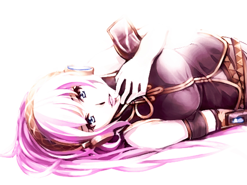 megurine luka, vocaloid, lowres, 1girl, armlet, belt, black gloves, blue eyes, breasts, female focus, gloves, jewelry, large breasts, looking at viewer, lying, on side, pink hair, simple background, single glove, solo, white background