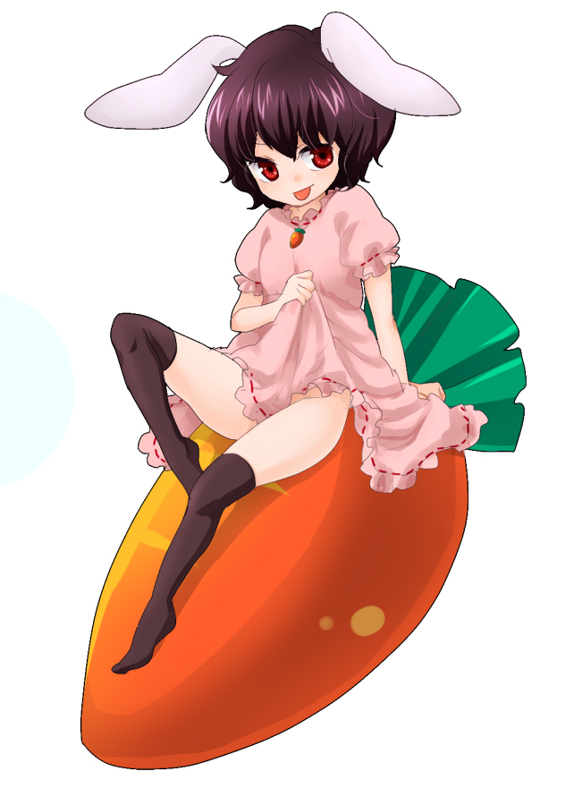 machiko (beard), inaba tewi, touhou, bad id, bad pixiv id, 1girl, :p, animal ears, black hair, carrot, clothes lift, feet, female focus, no panties, red eyes, simple background, skirt, skirt lift, solo, thighhighs, tongue, tongue out, white background