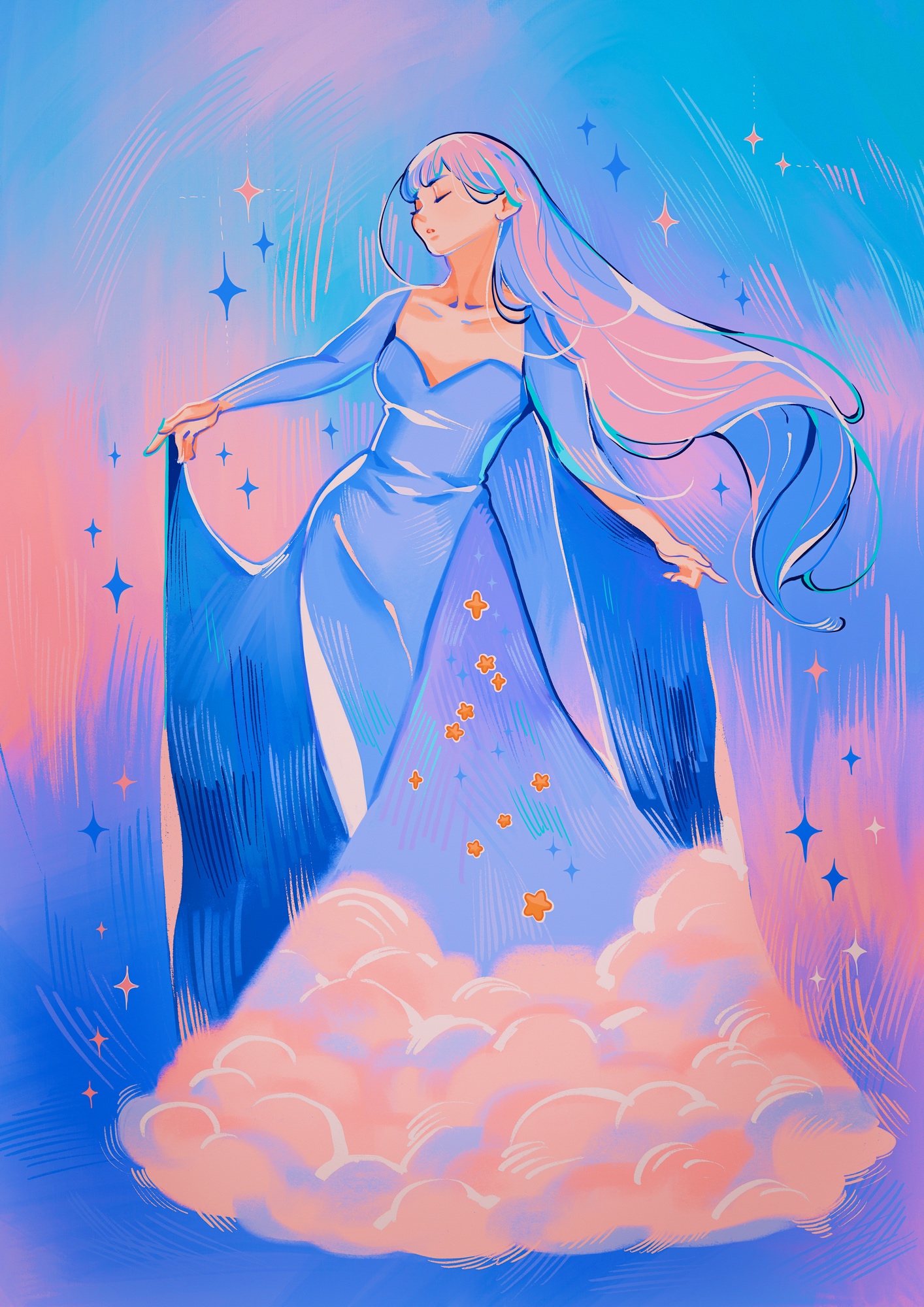 meyoco, original, alt text, commentary, english commentary, highres, 1girl, abstract background, blue background, blue dress, blue sky, breasts, closed eyes, cloud print, colorful, covered groin, dress, full body, long dress, long hair, long sleeves, parted lips, pastel colors, pink background, pink clouds, pink hair, sky, sky print, small breasts, solo, sparkle, standing, star (symbol), star print, very long hair, wide sleeves