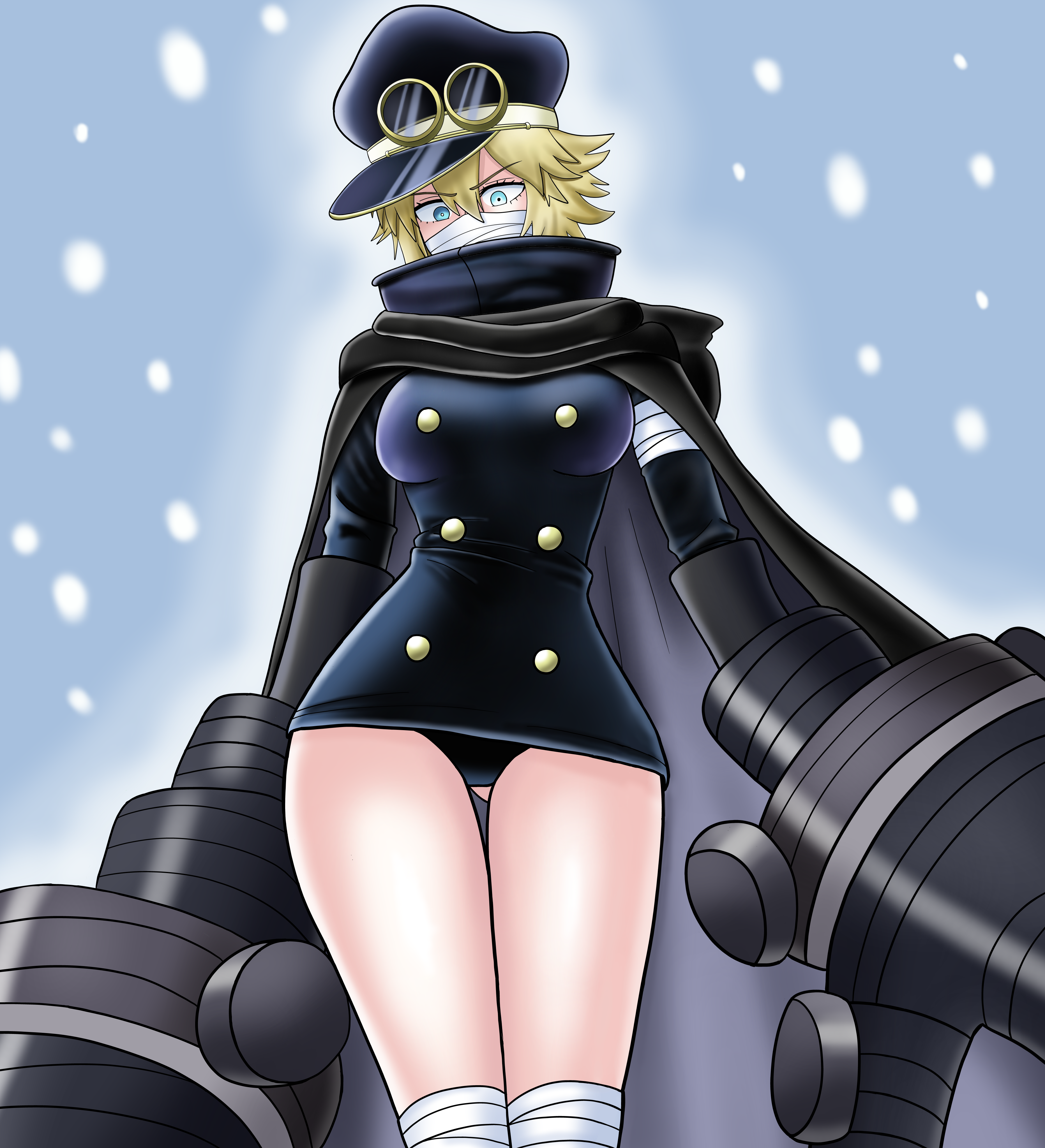 gunko, helga, one piece, absurdres, commentary, highres, 1girl, bandages, bandages over mouth, black cape, black dress, black panties, blonde hair, blue eyes, cape, dress, gluteal fold, goggles, goggles on headwear, hat, mask, mouth mask, panties, short hair, solo, thigh gap, thighs, underwear