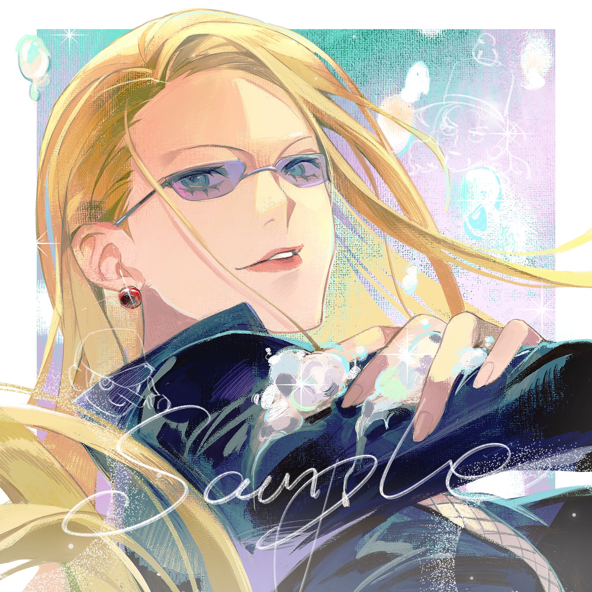 lucis0407, kaku (one piece), kalifa (one piece), rob lucci, one piece, commission, hashtag-only commentary, highres, 1girl, black dress, blonde hair, dress, earrings, eyelashes, fishnet top, fishnets, glasses, glint, hair behind ear, jewelry, long hair, looking at viewer, parted lips, pearl earrings, sample watermark, smile, watermark