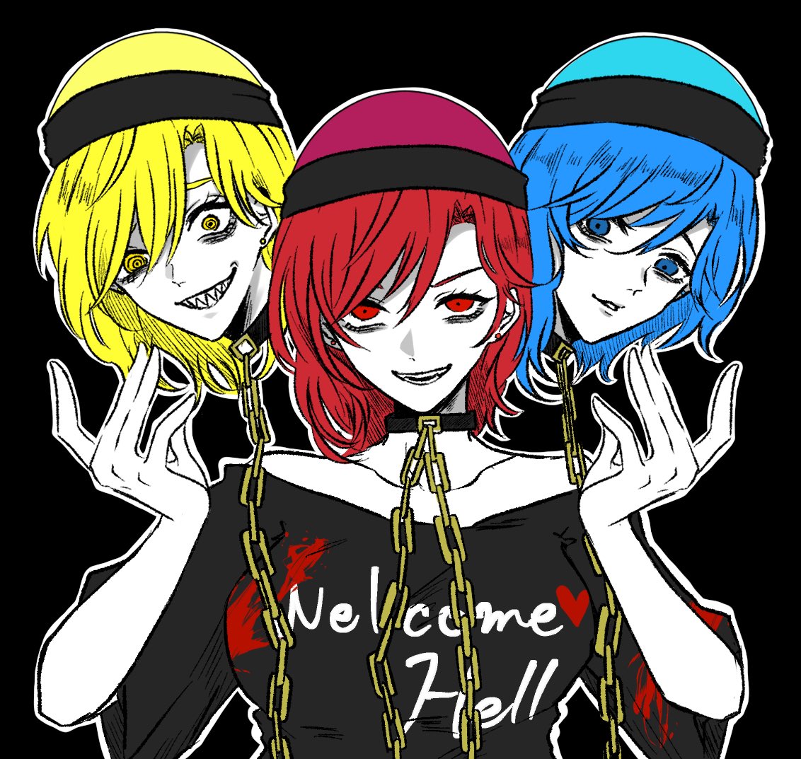 nap muntarou, hecatia lapislazuli, hecatia lapislazuli (earth), hecatia lapislazuli (moon), touhou, 1girl, black background, black shirt, blonde hair, blue eyes, blue hair, chain, choker, collarbone, ear piercing, grin, looking at viewer, medium hair, multiple persona, off-shoulder shirt, off shoulder, parted lips, piercing, red eyes, red hair, sharp teeth, shirt, short sleeves, smile, t-shirt, teeth, upper body, yellow eyes