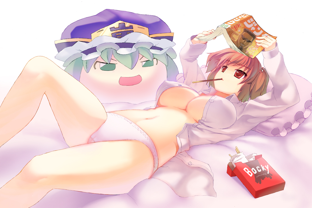 takeda kanryuusai, onozuka komachi, shiki eiki, toguro otouto, touhou, yuu yuu hakusho, bad id, bad pixiv id, 1girl, m/, bed, brand name imitation, breasts, cameltoe, female focus, food, large breasts, lying, on back, open clothes, open shirt, panties, pocky, reading, seikan hikou, shirt, solo, underwear, yukkuri shiteitte ne